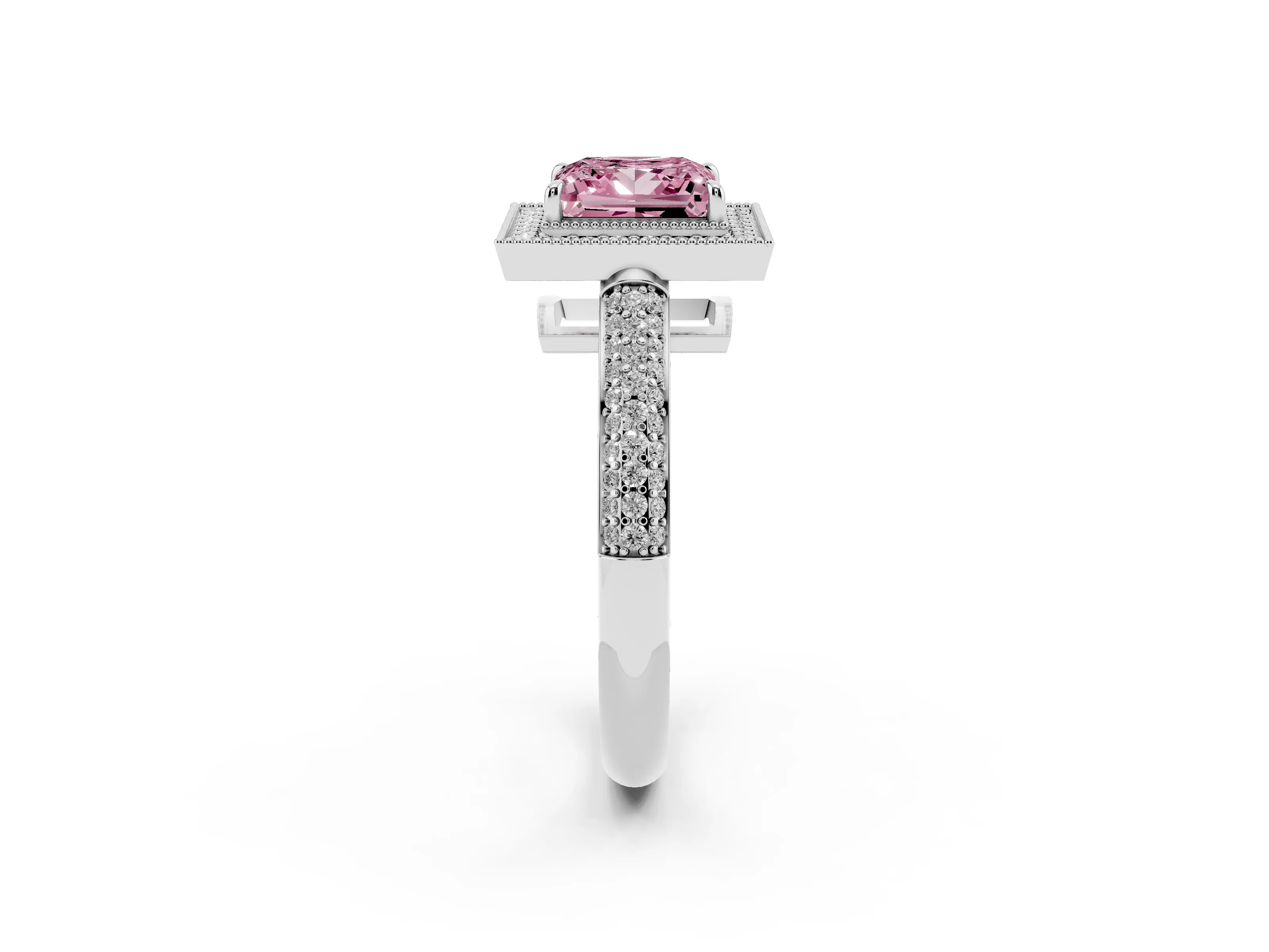 Fancy Pink Princess Cut Diamond Halo Pavé Band Set in White gold with Prong Setting