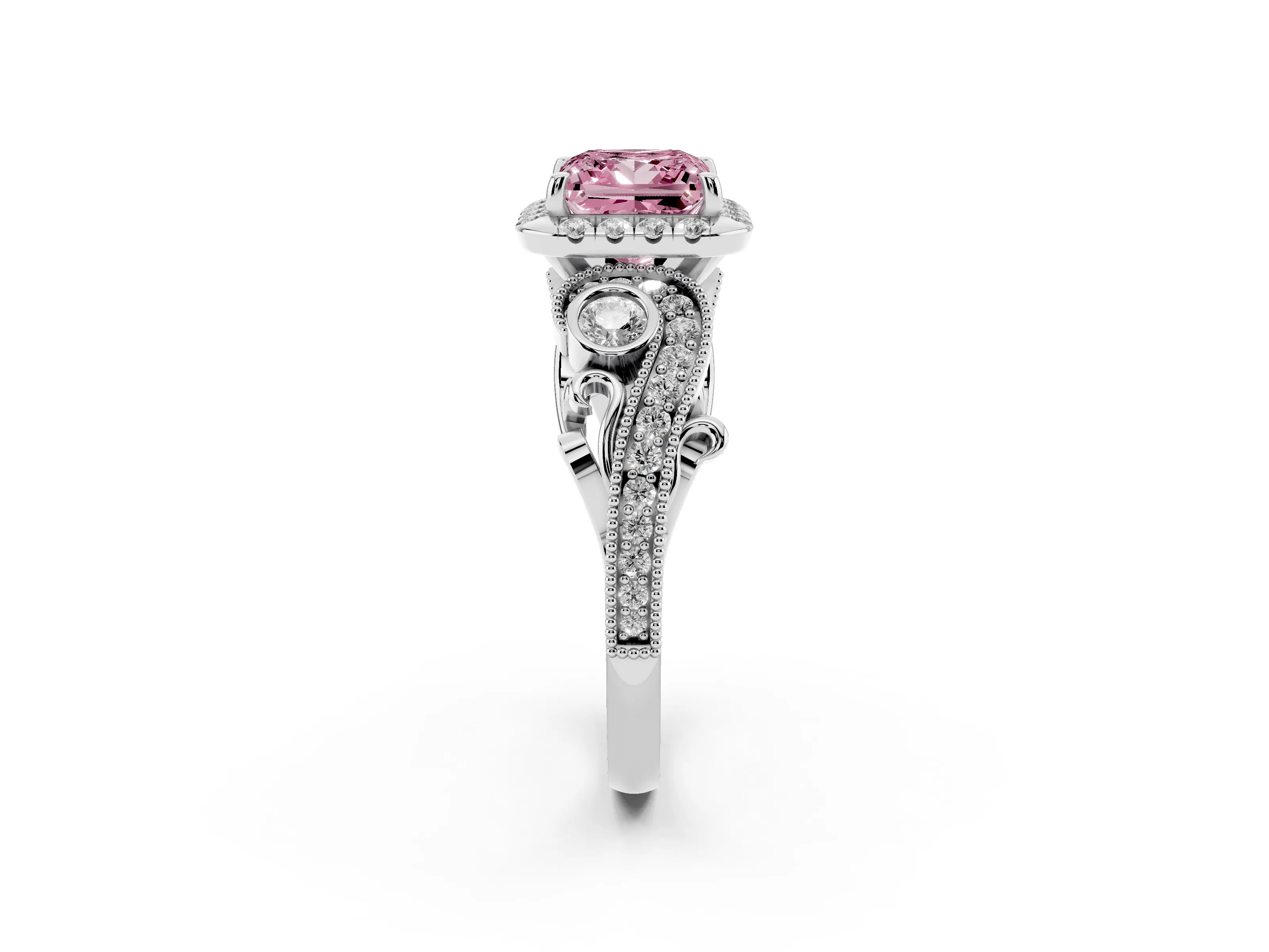 Fancy Pink Princess Cut Diamond Halo Split Shank Ring Set in Platinum with Milgrain and Bezel Accents