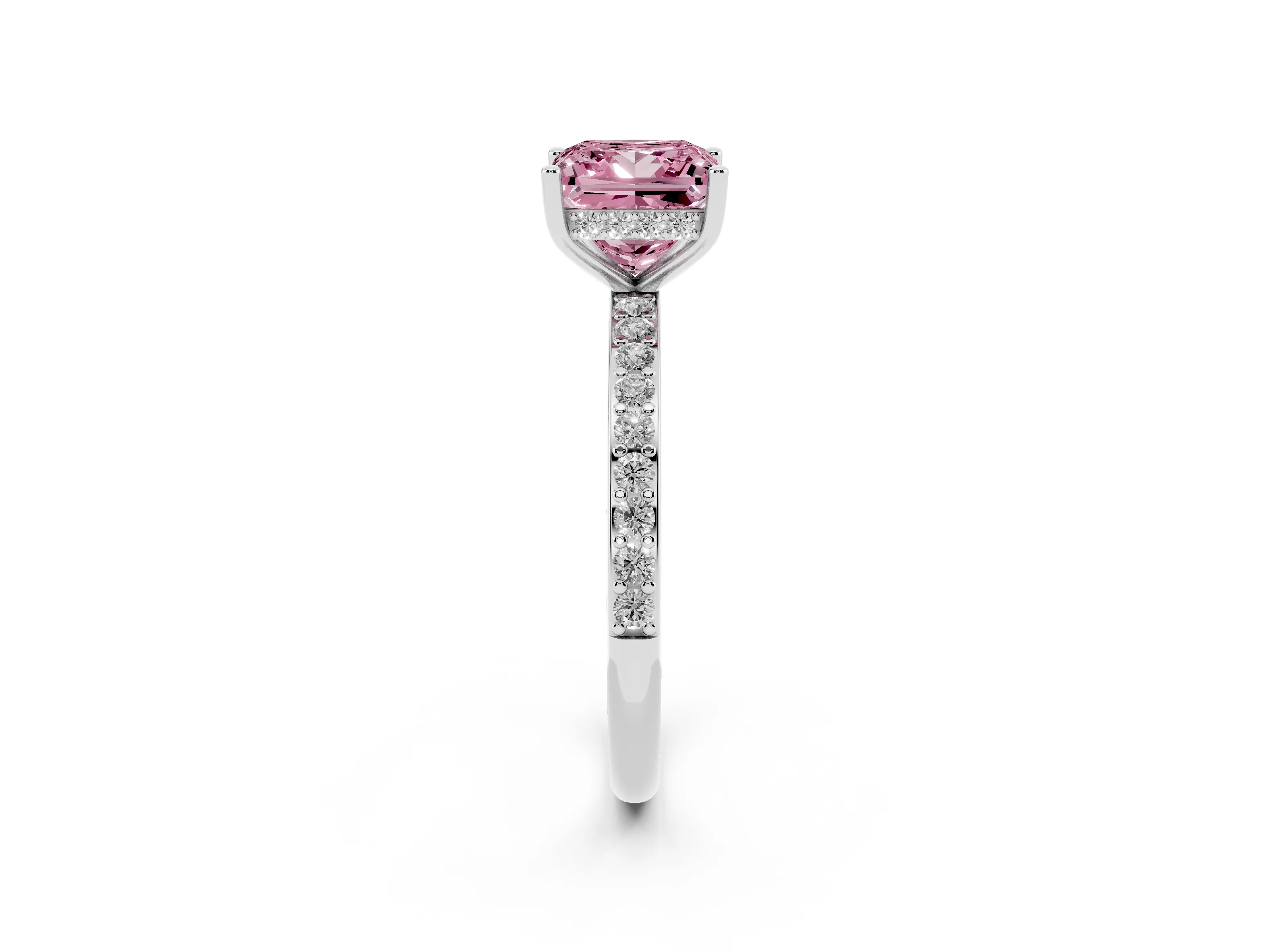 Fancy Pink Princess Cut Diamond Pavé Band Ring Set in Platinum with Prong-Set Center Stone