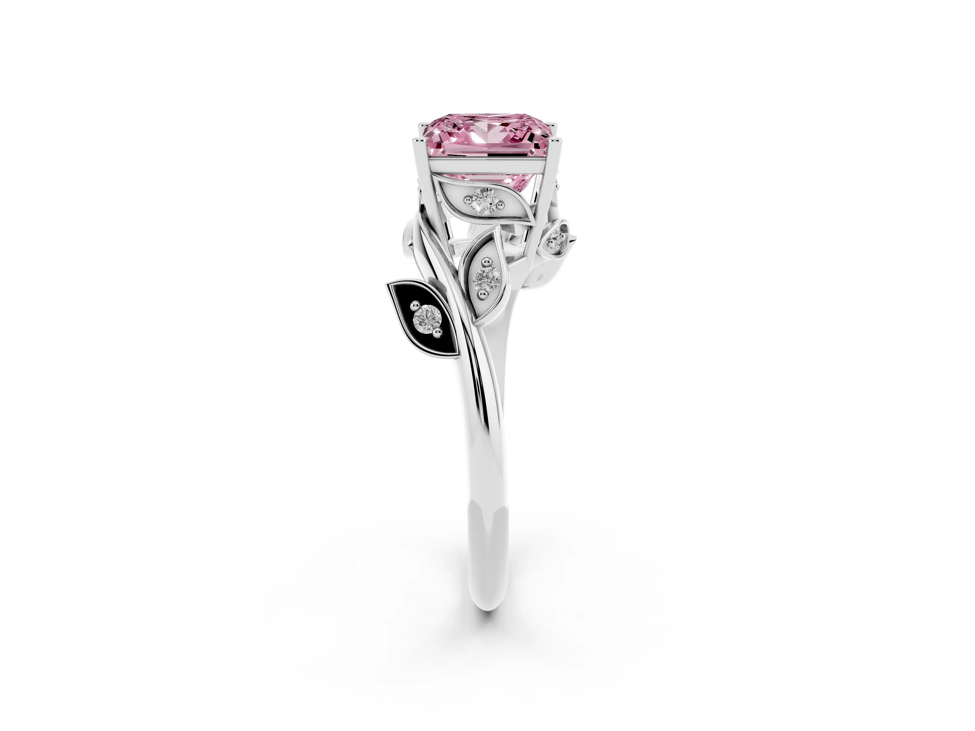 Fancy Pink Princess Cut Diamond Solitaire Twist Engagement Ring Set in White gold with Pavé Leaf Accents