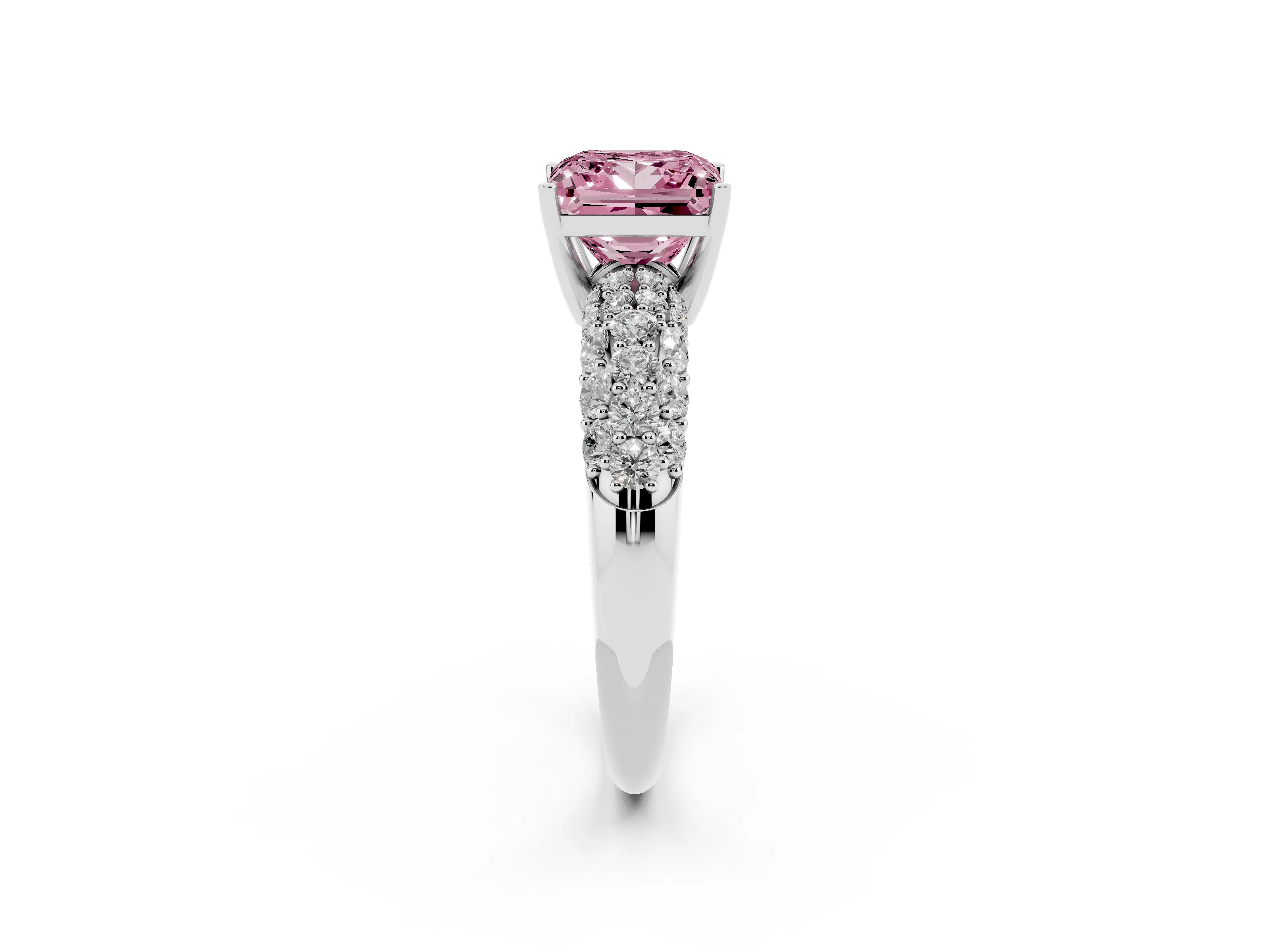 Fancy Pink Princess Cut Diamond Pavé Band Solitaire Ring Set in White gold with Close-Set Accent Stones and Prong Setting