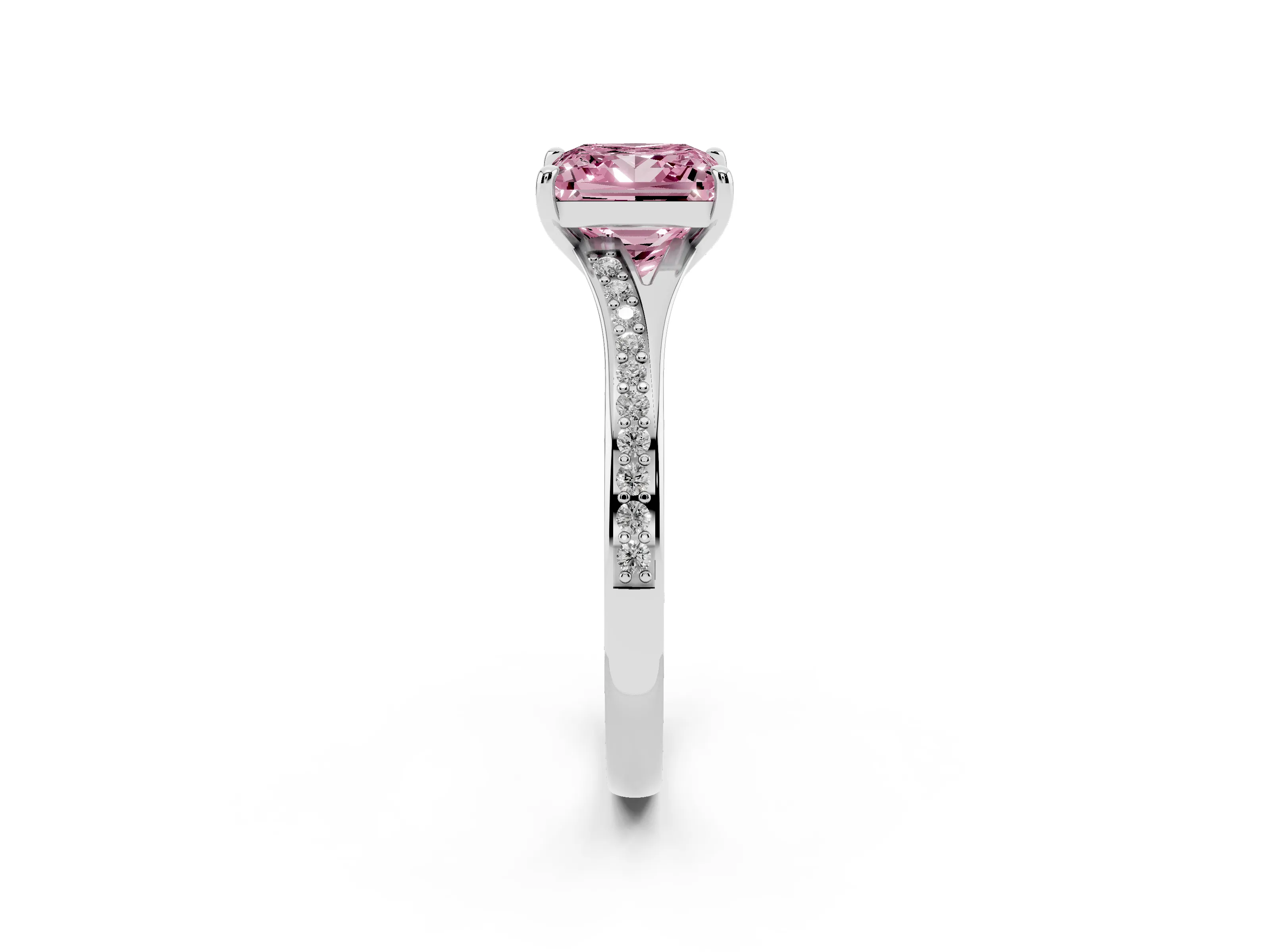 Fancy Pink Princess Cut Diamond Solitaire Ring Set in Platinum with Pavé Accent Band and Classic Prong Setting