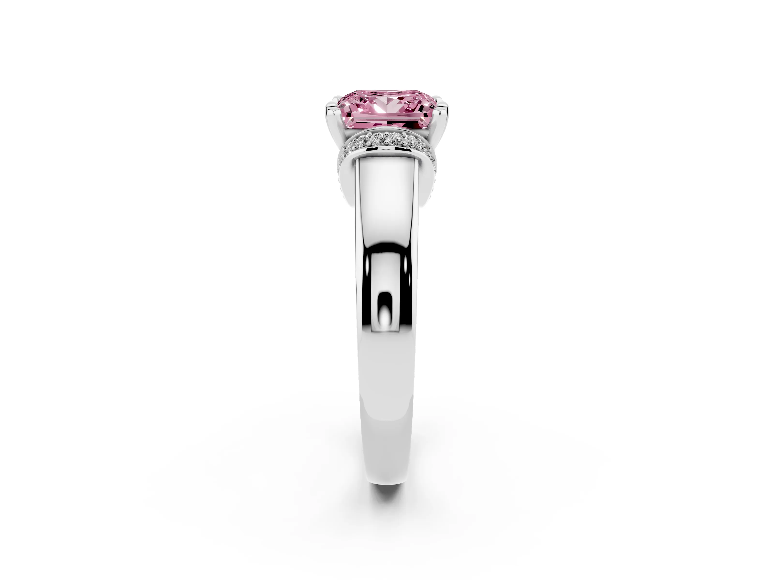 Fancy Pink Princess Cut Diamond Pavé Band Solitaire Ring Set in Platinum with Prong Setting
