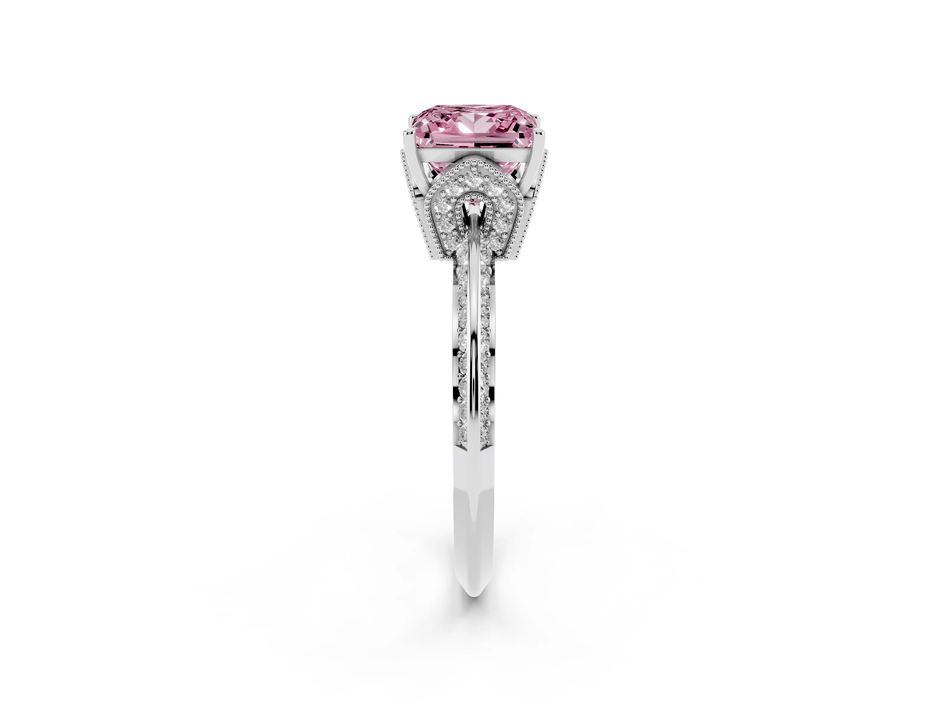 Fancy Pink Princess Cut Diamond Solitaire Engagement Ring Set in White gold with Pavé Split Shank and Prong Setting