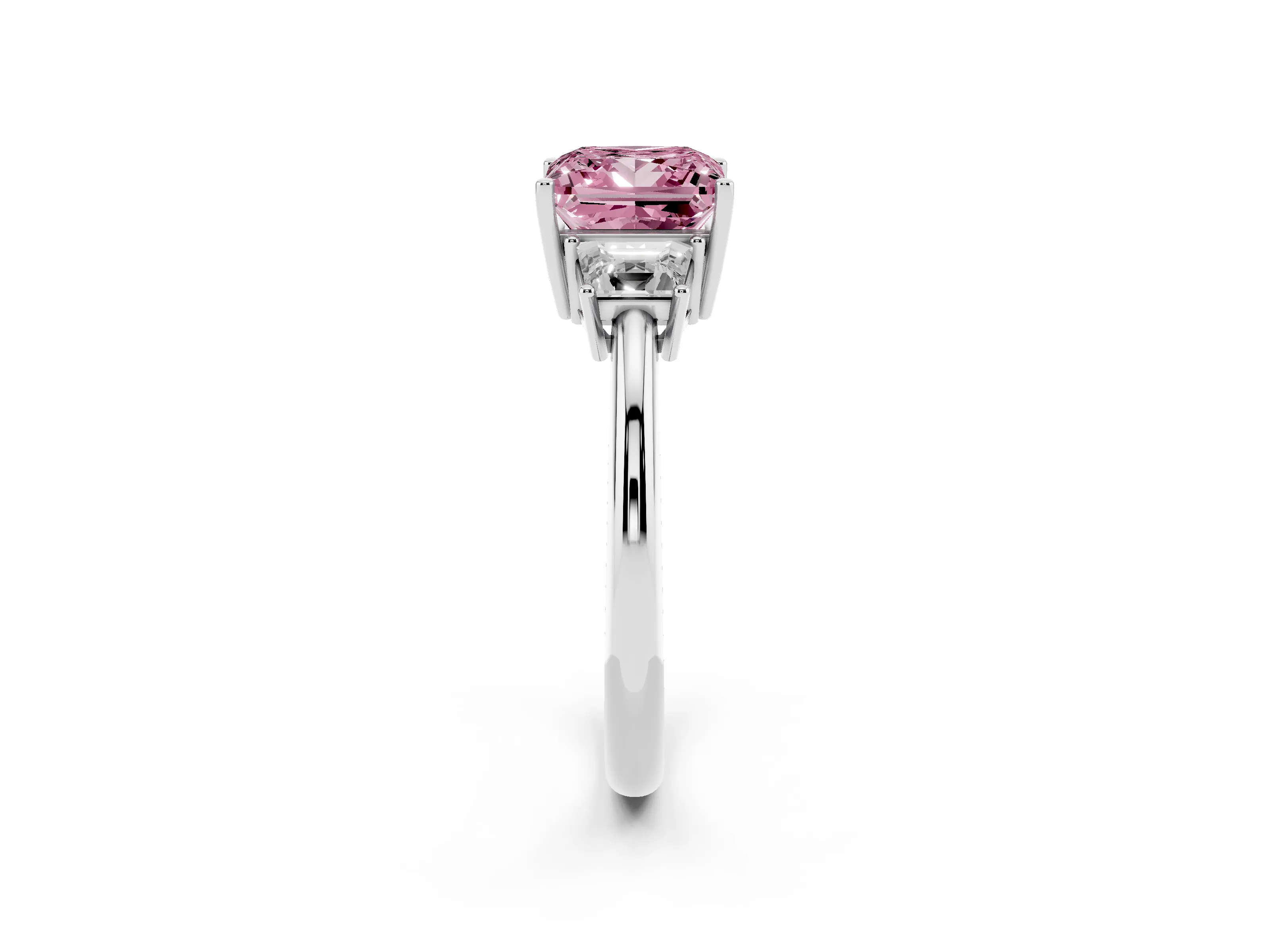 Fancy Pink Princess Cut Diamond Three-Stone Ring Set in Silver with Trapezoid Side Stones and Prong Setting