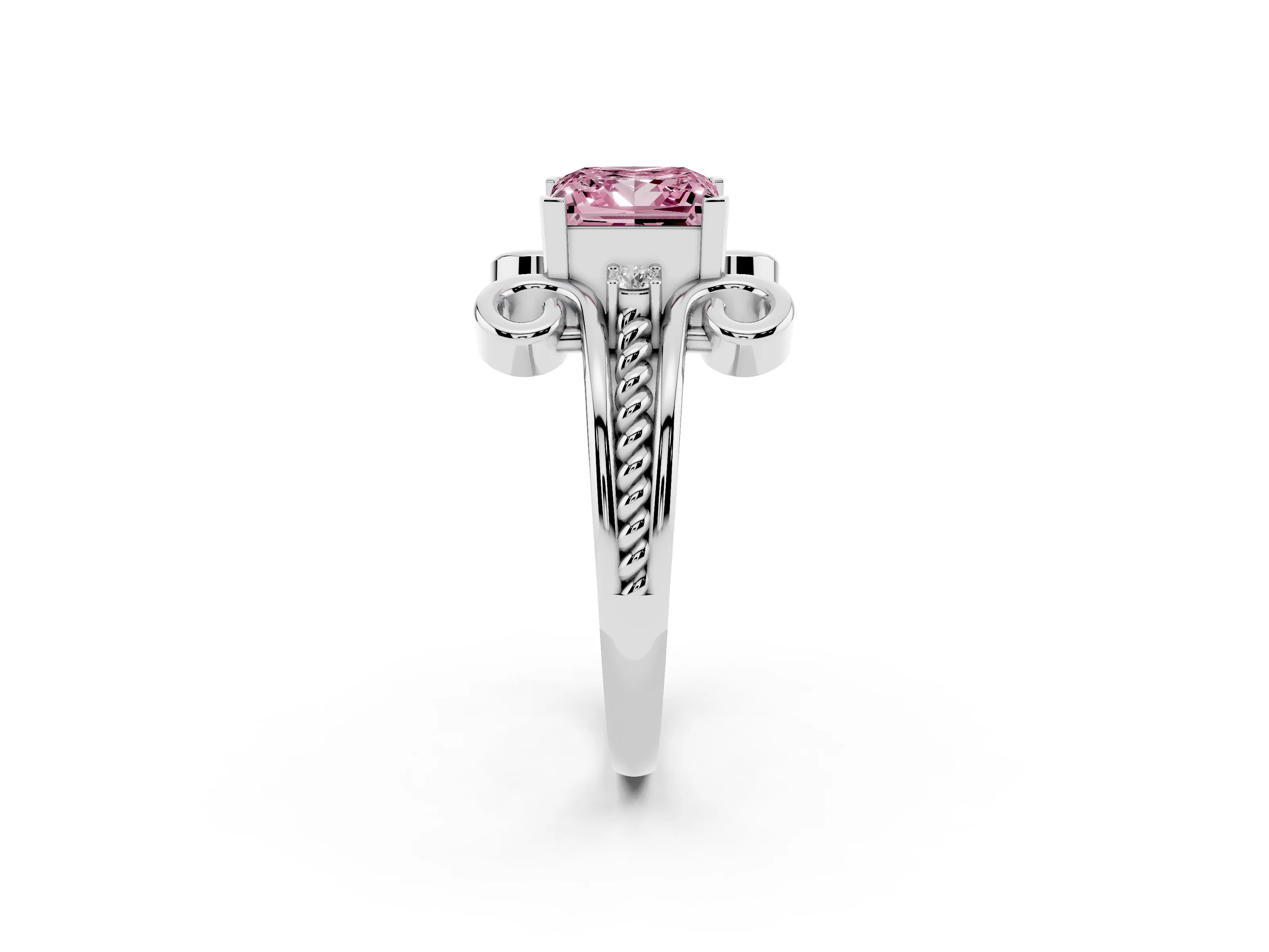Fancy Pink Princess Cut Diamond Twisted Band Solitaire Ring Set in Platinum with Scroll Prongs