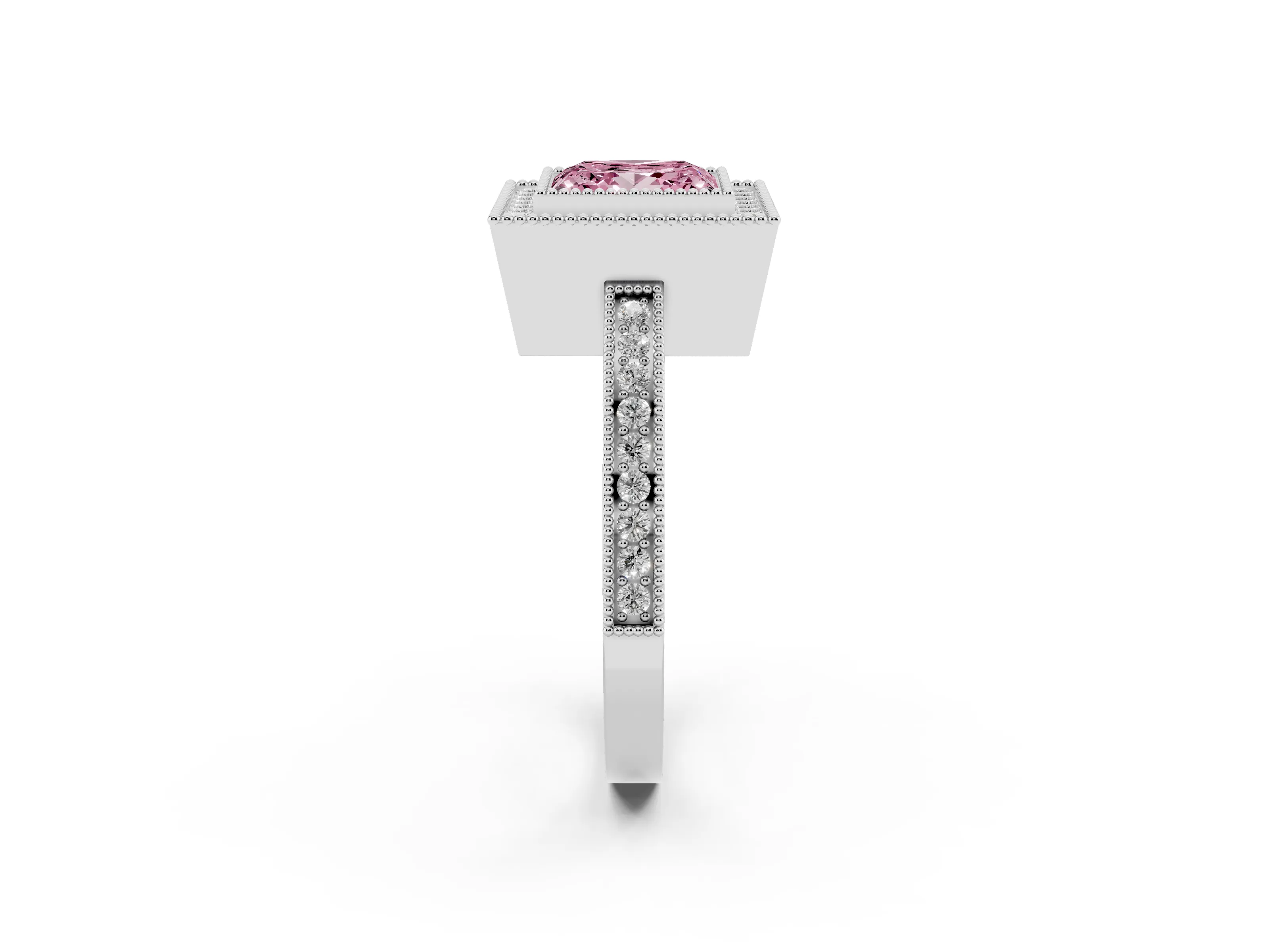 Fancy Pink Princess Cut Diamond Halo Ring Set in White gold with Pavé Band and Milgrain-Edged Prongs