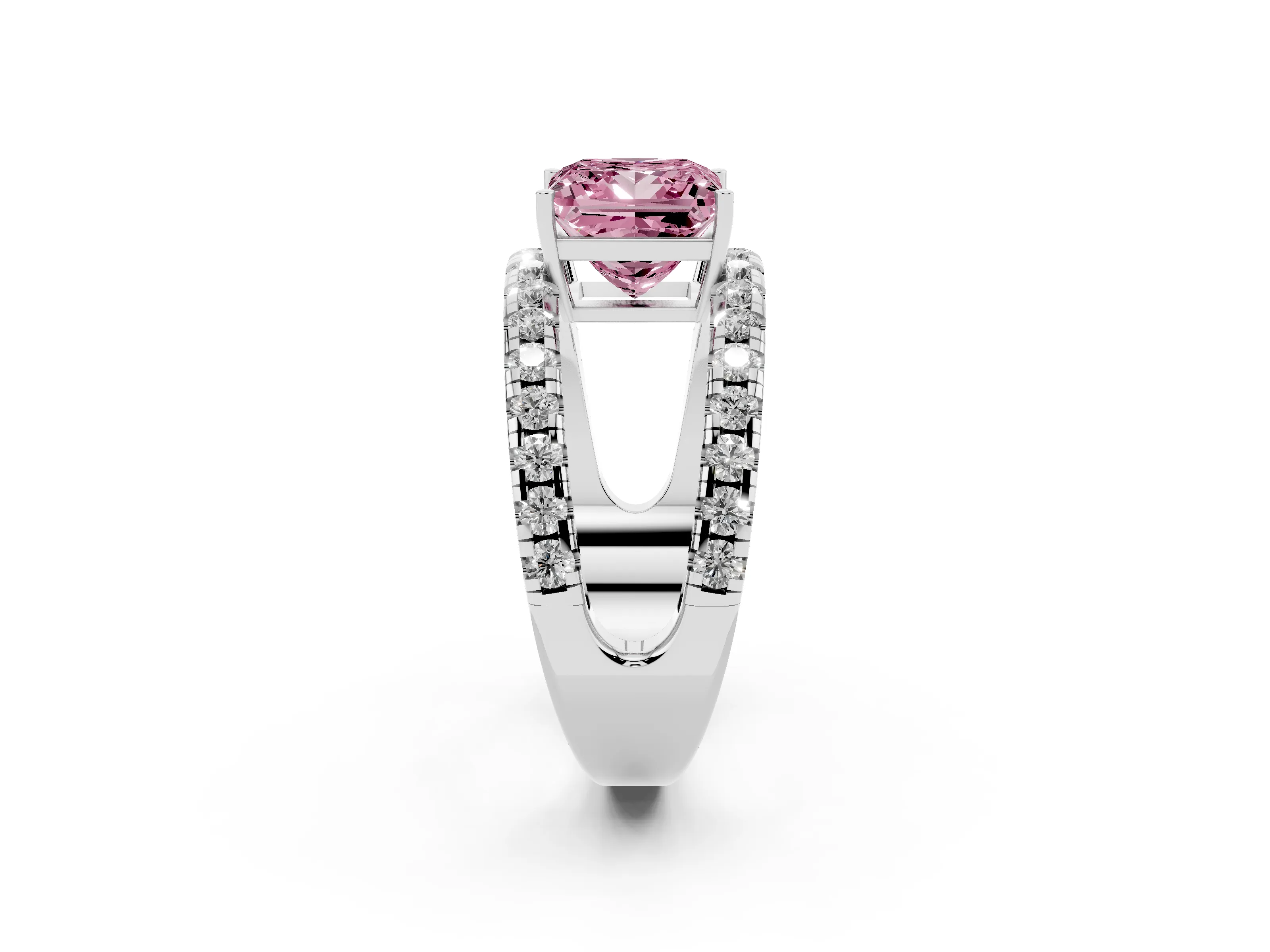 Fancy Pink Princess Cut Diamond Split Shank Pavé Solitaire Ring Set in Platinum with Open Shank Design