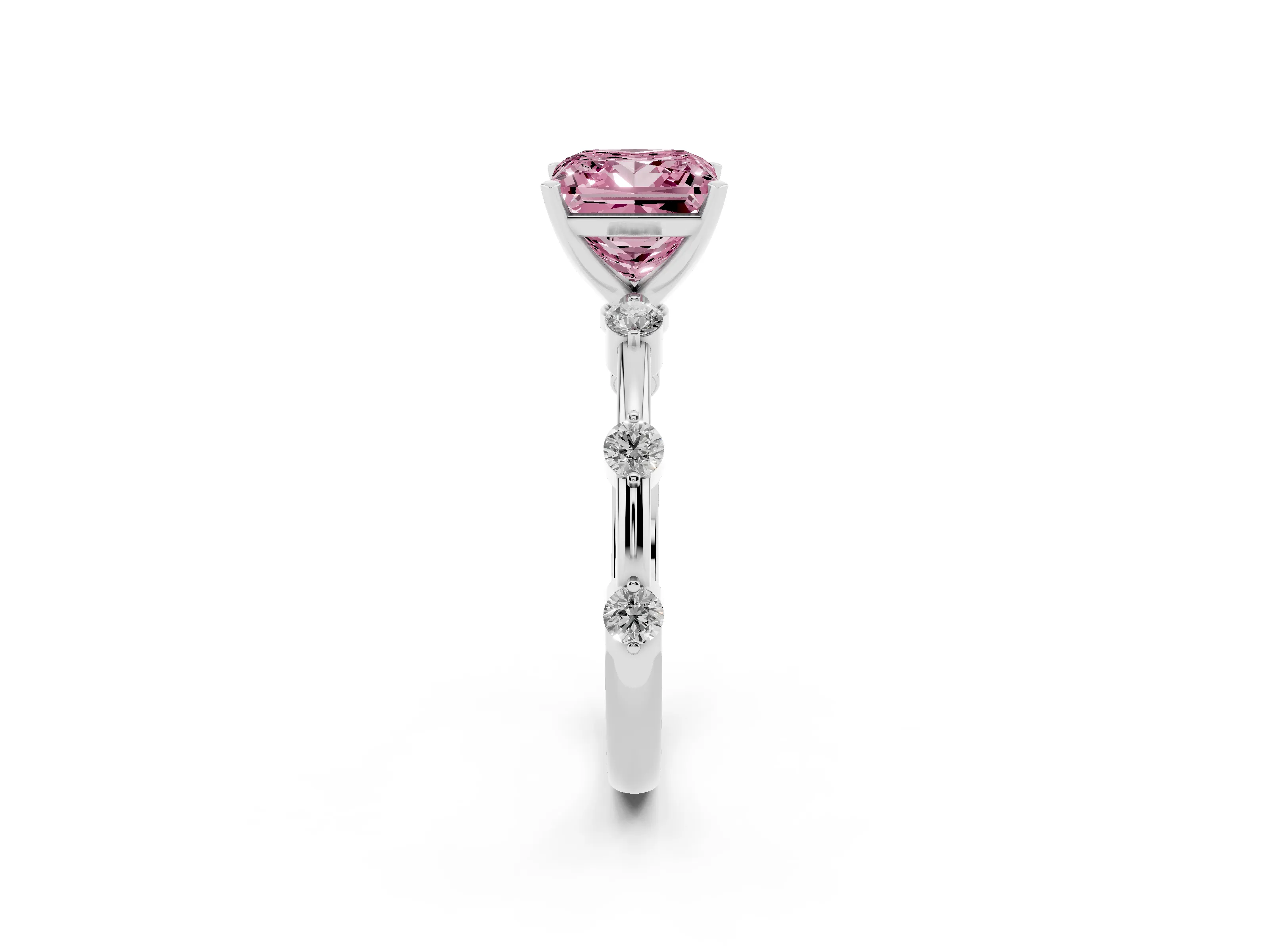 Fancy Pink Princess Cut Diamond Solitaire Ring Set in Silver with Bezel Set Side Stones and Prong Setting