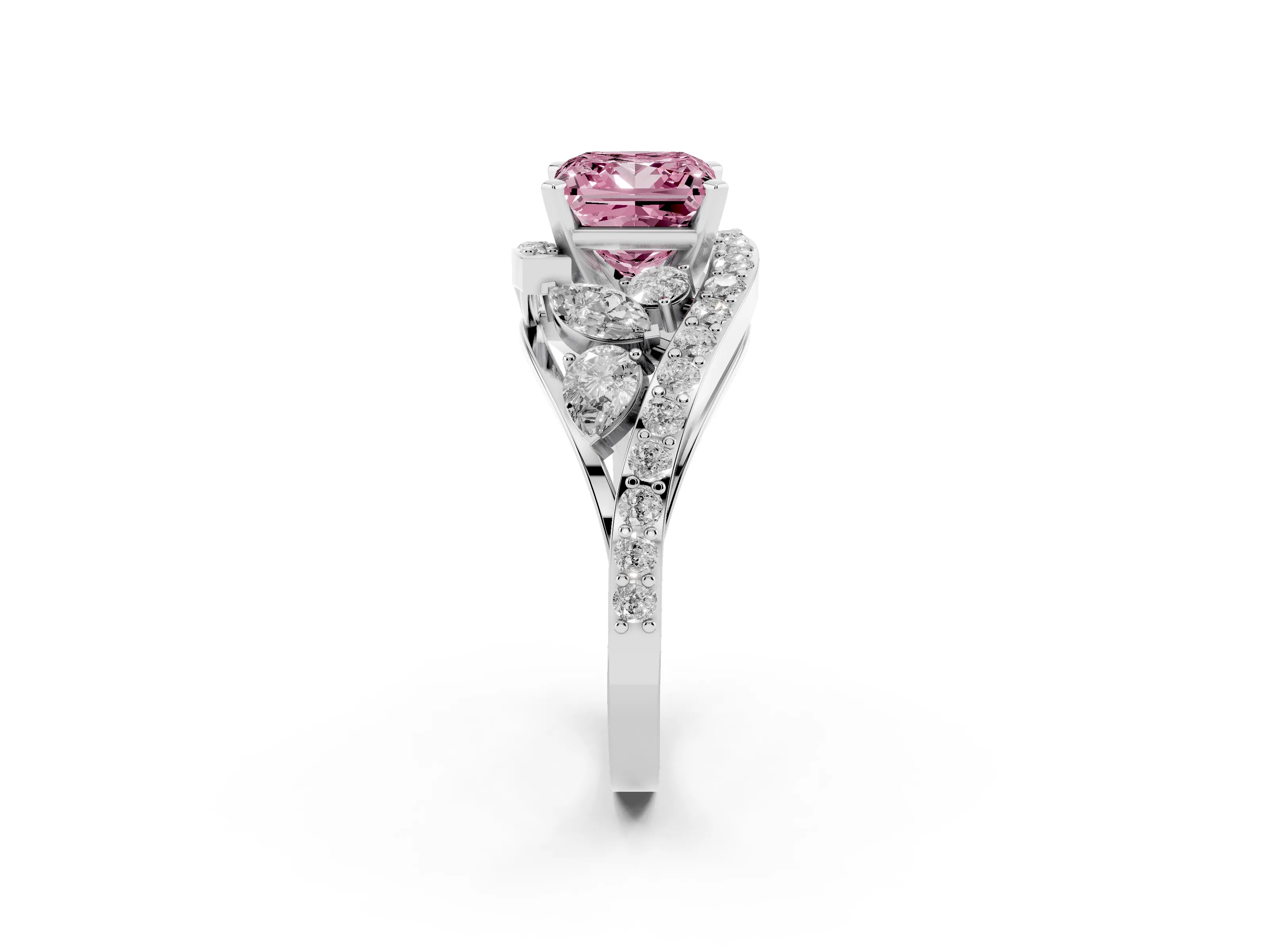 Fancy Pink Princess Cut Diamond Halo Ring Set in White gold with Marquise and Pavé Band in Prong Setting