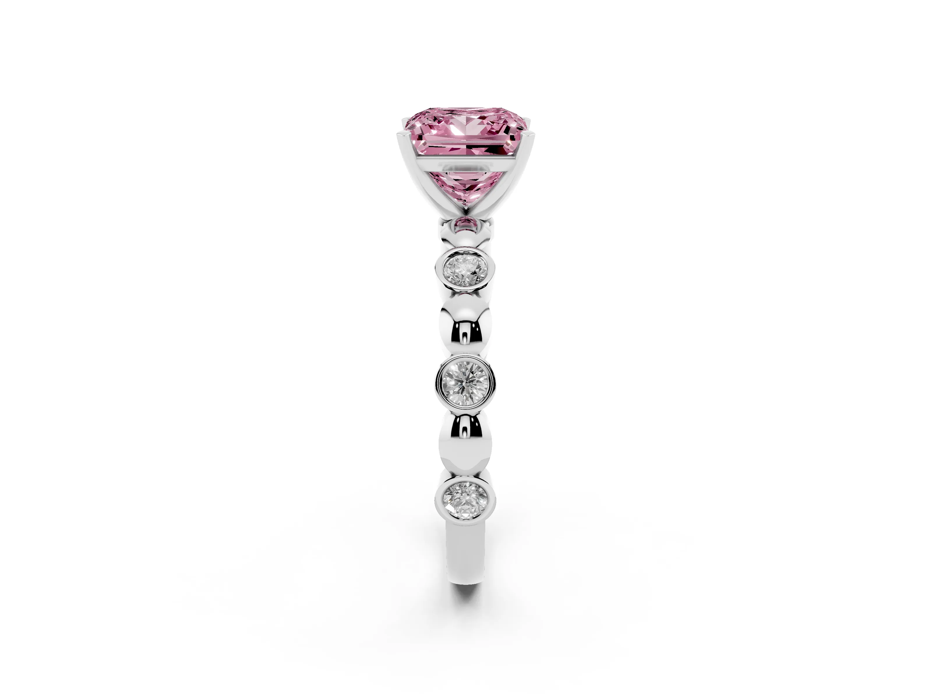 Fancy Pink Princess Cut Diamond Solitaire Ring Set in Silver with Bezel-Set Accents on Beaded Band and Prong Setting