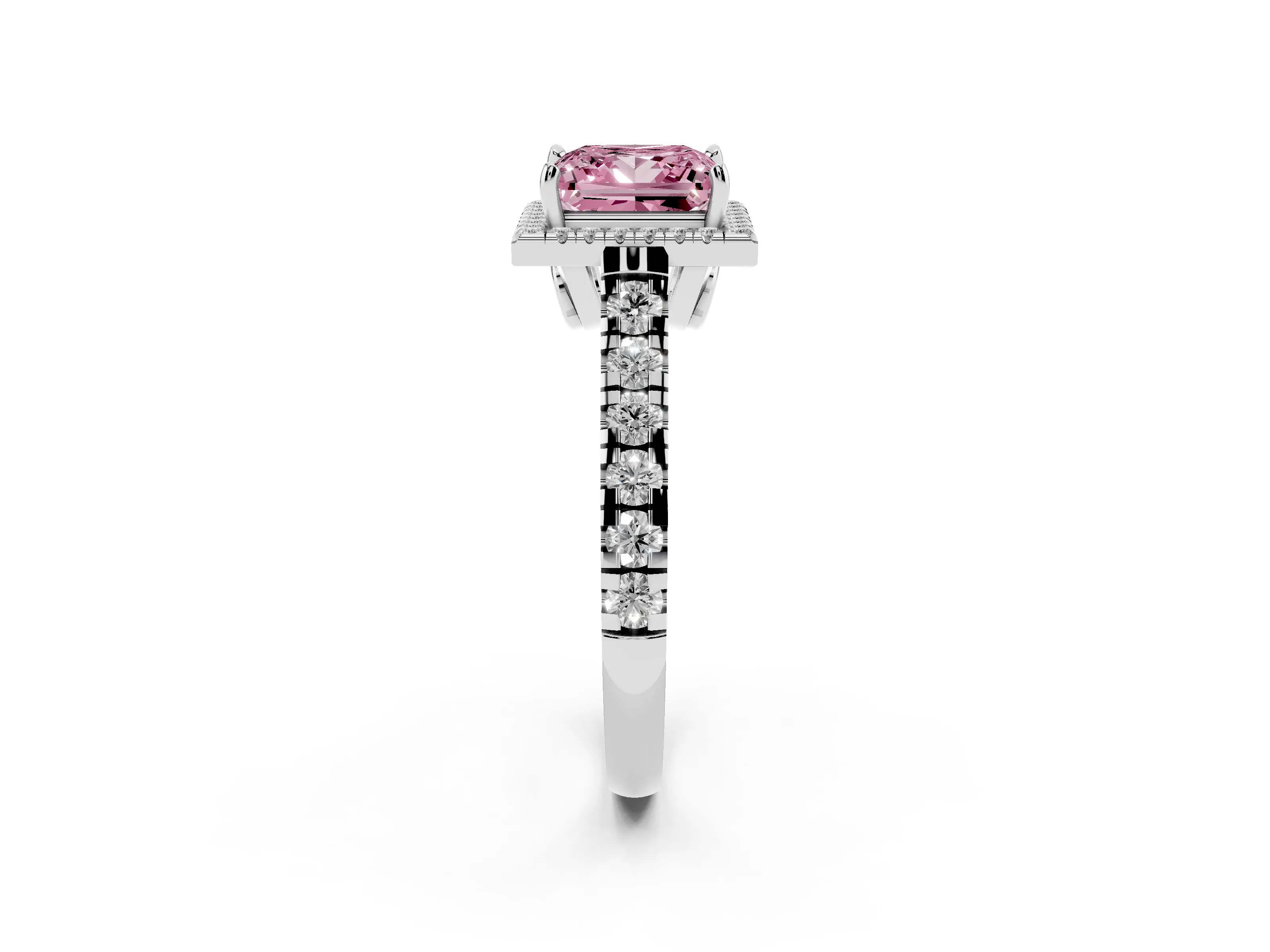 Fancy Pink Princess Cut Diamond Halo Engagement Ring Set in Platinum with Pavé Band and Prong-Set Center