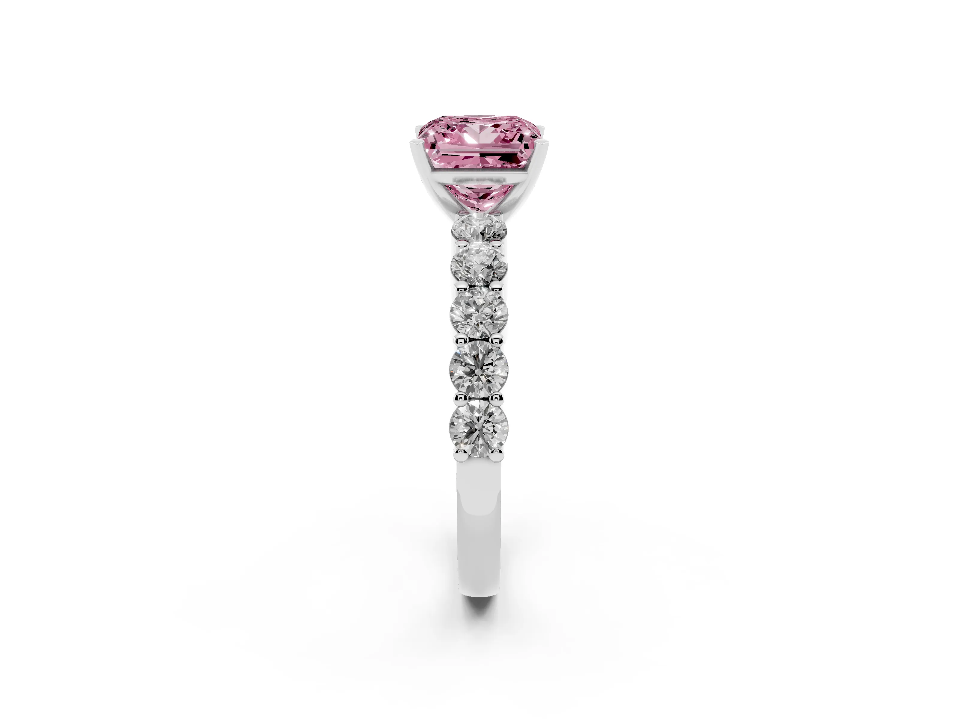 Fancy Pink Princess Cut Diamond Solitaire Ring Set in Platinum with Shared Prong Round Side Stones