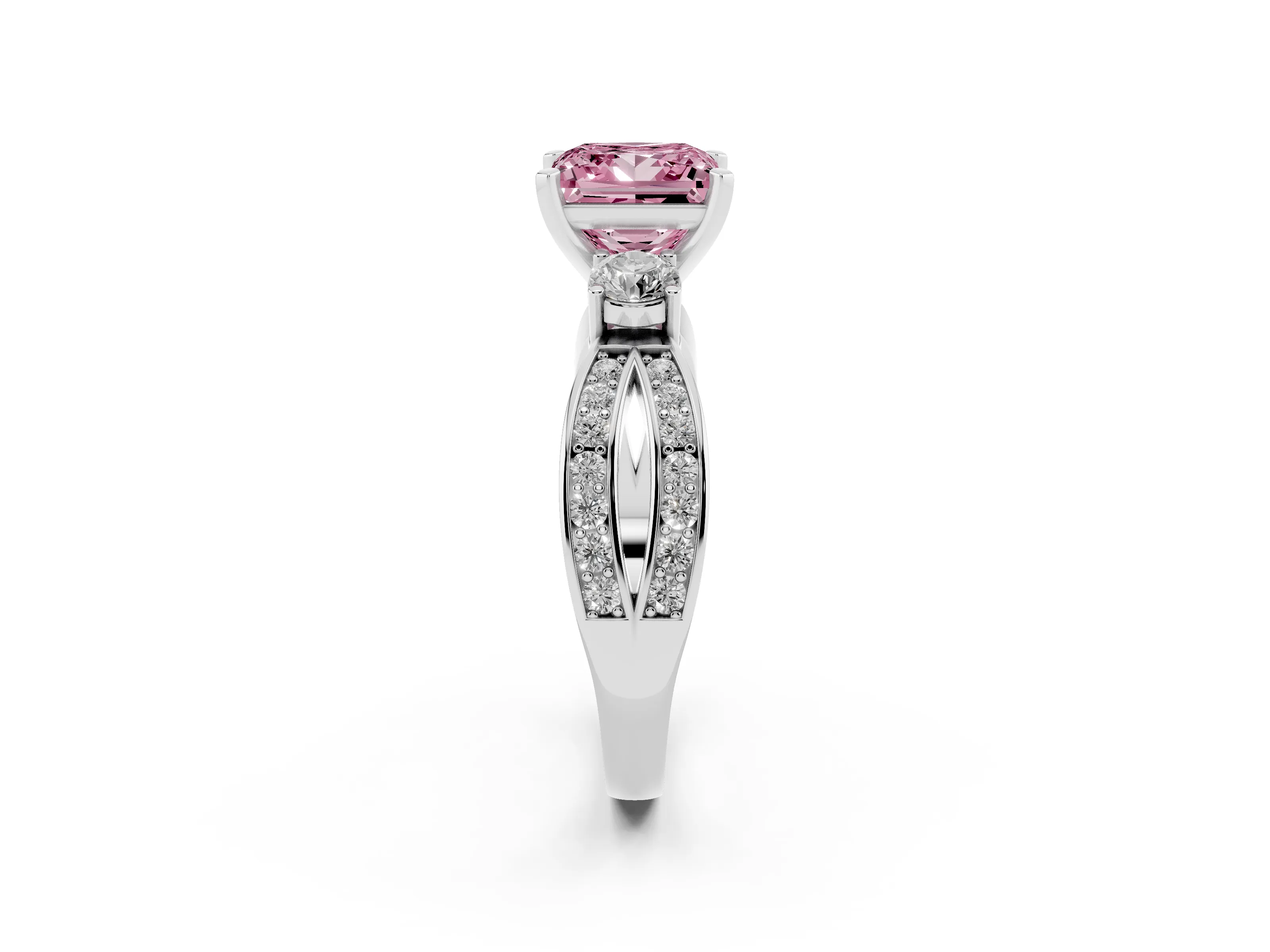 Fancy Pink Three-Stone Princess Cut Diamond Twist Band Ring Set in Platinum with Pavé Accents and Prong Setting