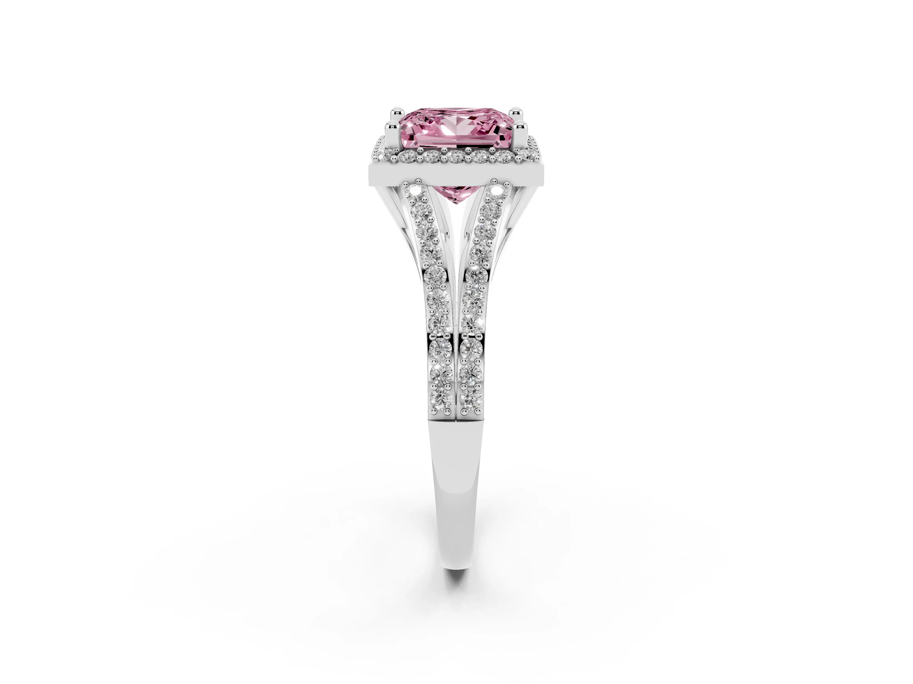 Fancy Pink Princess Cut Diamond Halo Split Shank Pavé Ring Set in Silver with Prong Setting