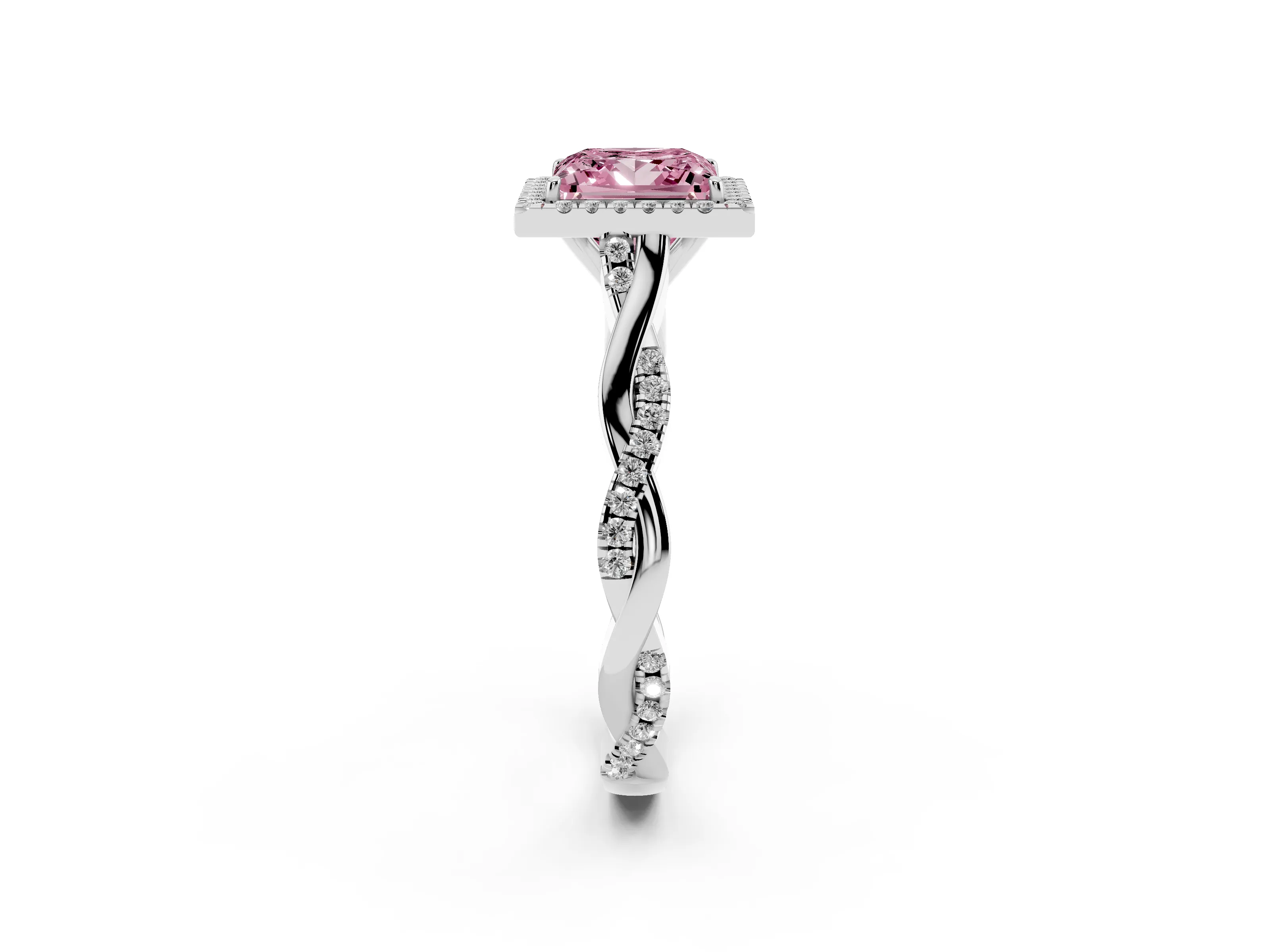 Fancy Pink Princess Cut Diamond Halo Twist Band Solitaire Ring Set in Platinum with Prong Setting