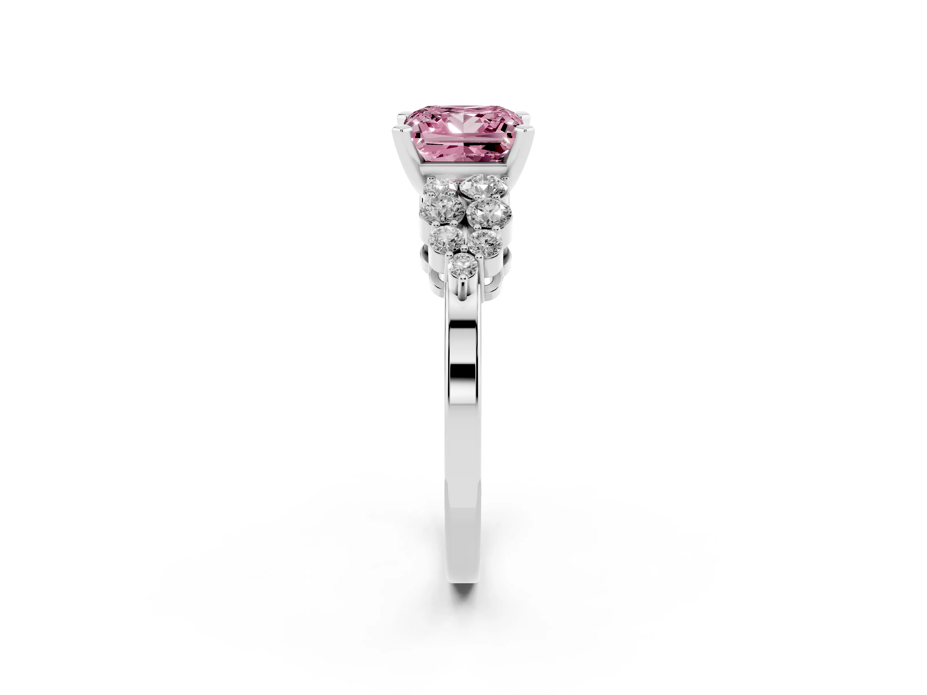 Fancy Pink Princess Cut Diamond Cluster Engagement Ring Set in Platinum with Pavé Band and Prong Setting