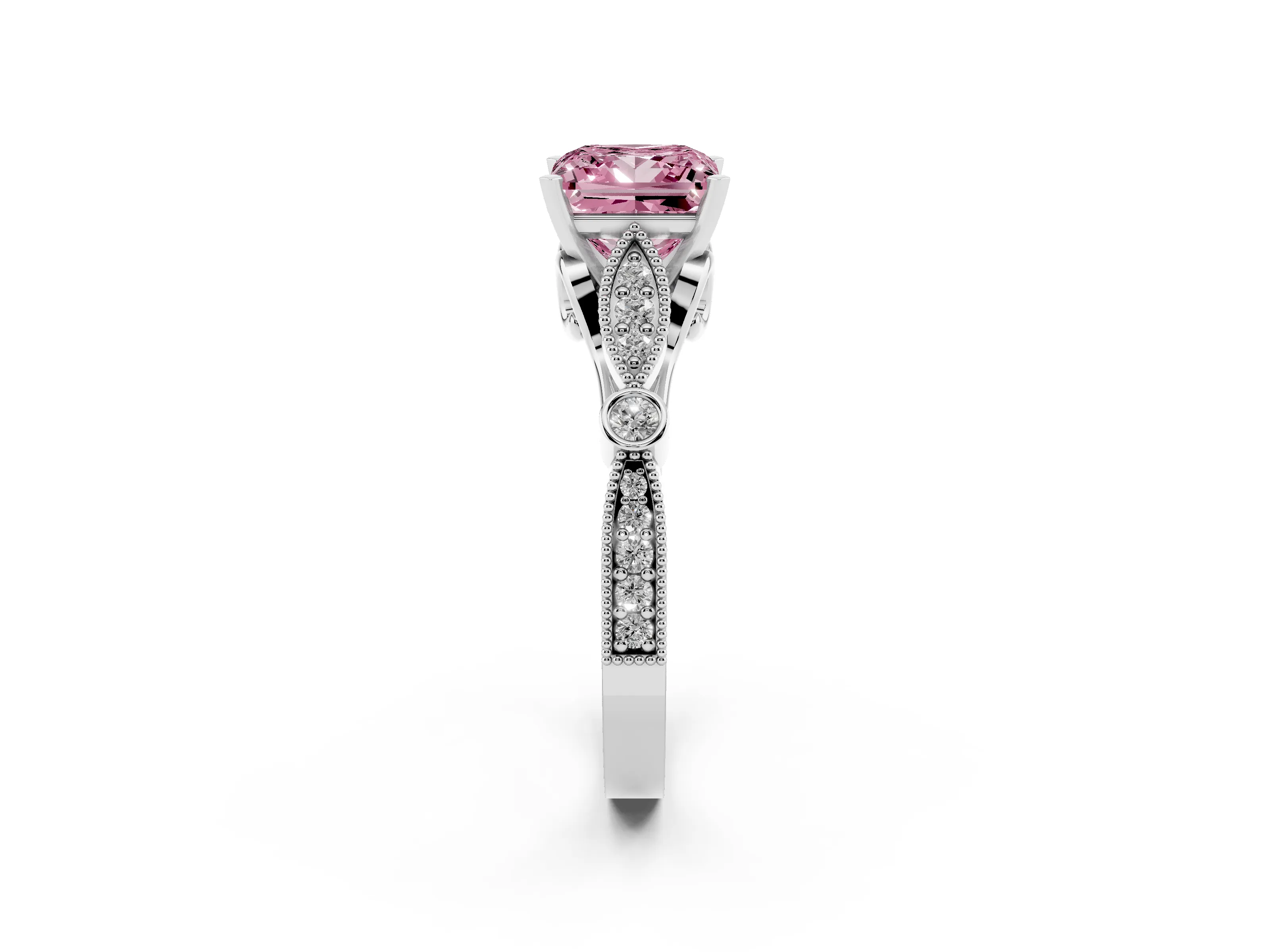 Fancy Pink Princess Cut Diamond Solitaire Ring Set in Platinum with Milgrain Marquise and Bezel Accents