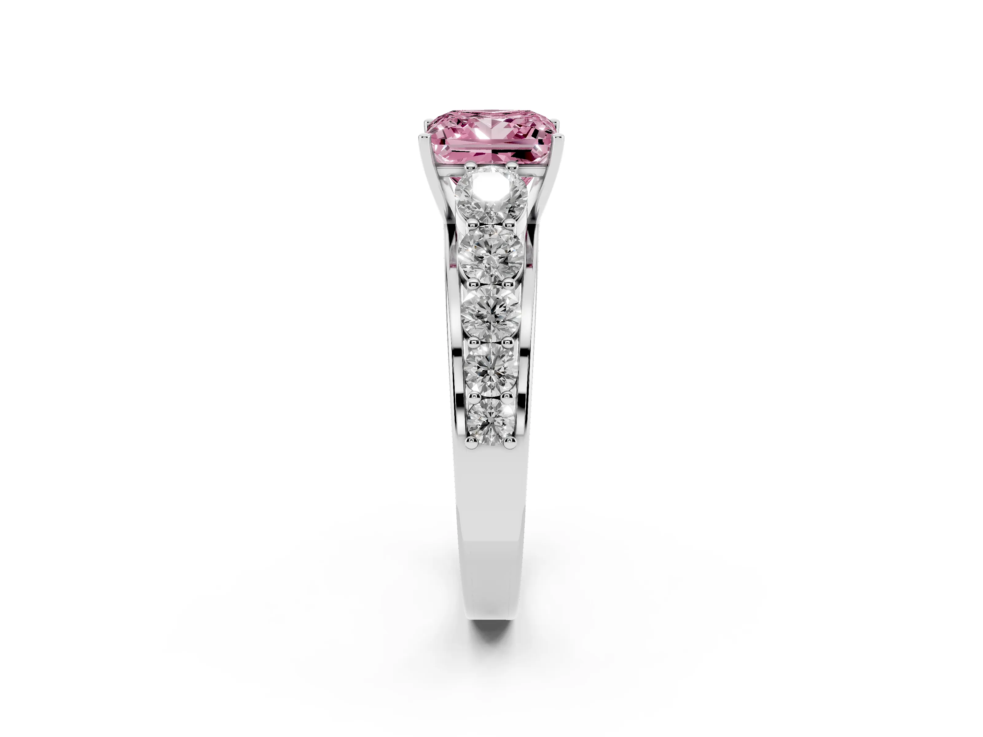 Fancy Pink Princess Cut Diamond Solitaire Ring Set in Platinum with Pavé-Set Band and Prong Setting
