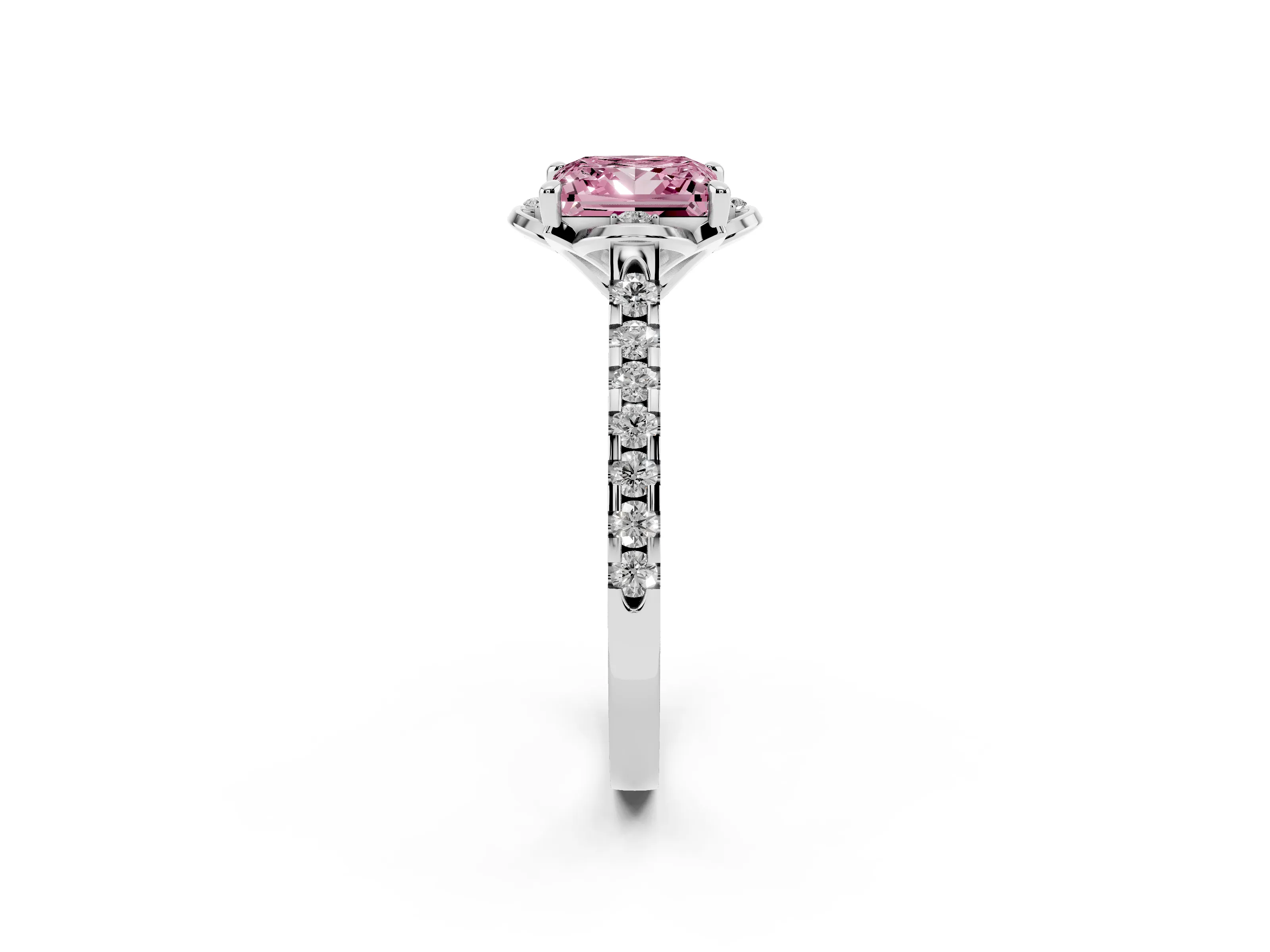 Fancy Pink Princess Cut Diamond Solitaire Ring Set in Silver with Pavé Band and Floral Prong Setting
