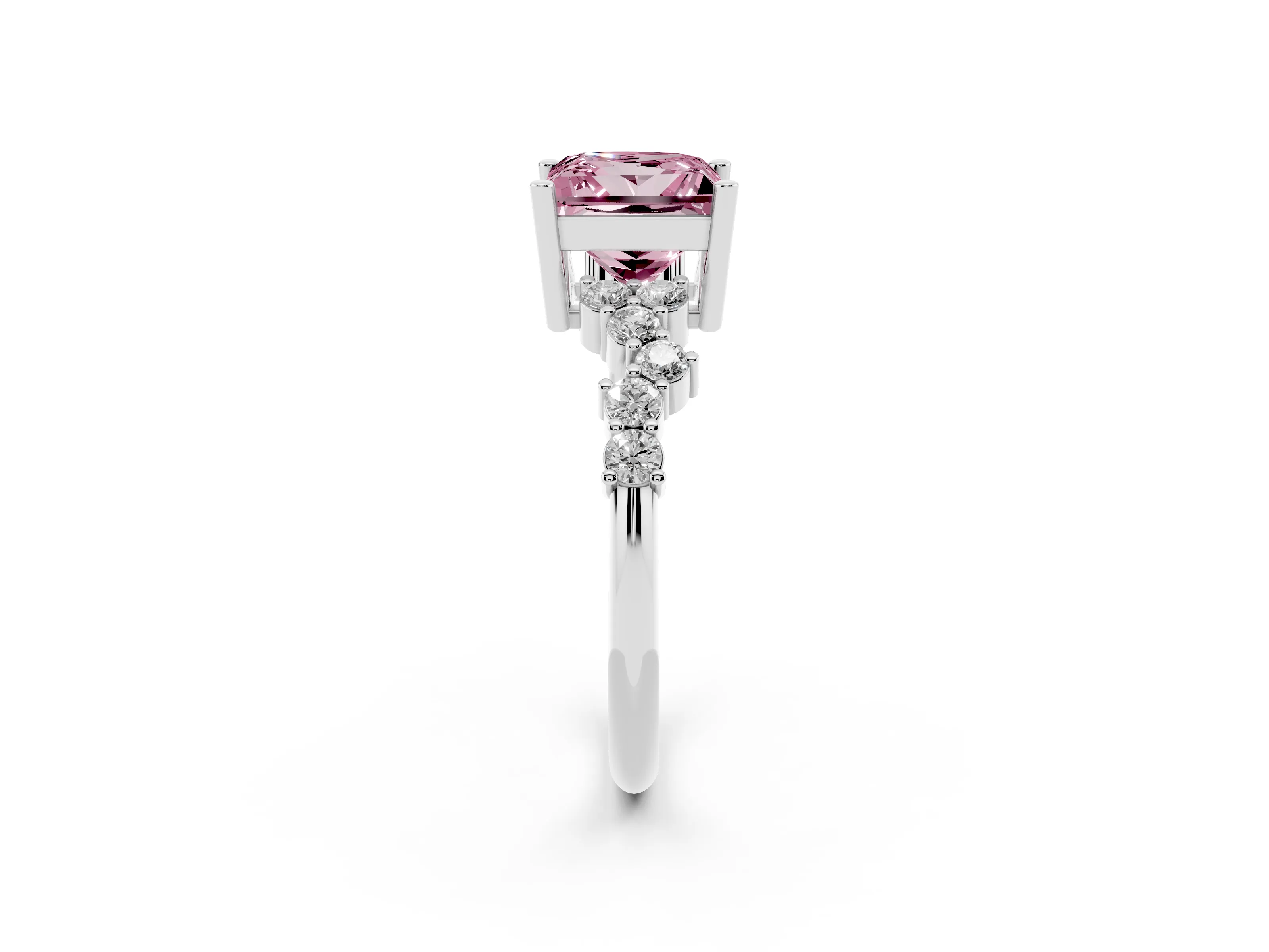 Fancy Pink Princess Cut Diamond Ring Set in White gold with Scattered Round Accents
