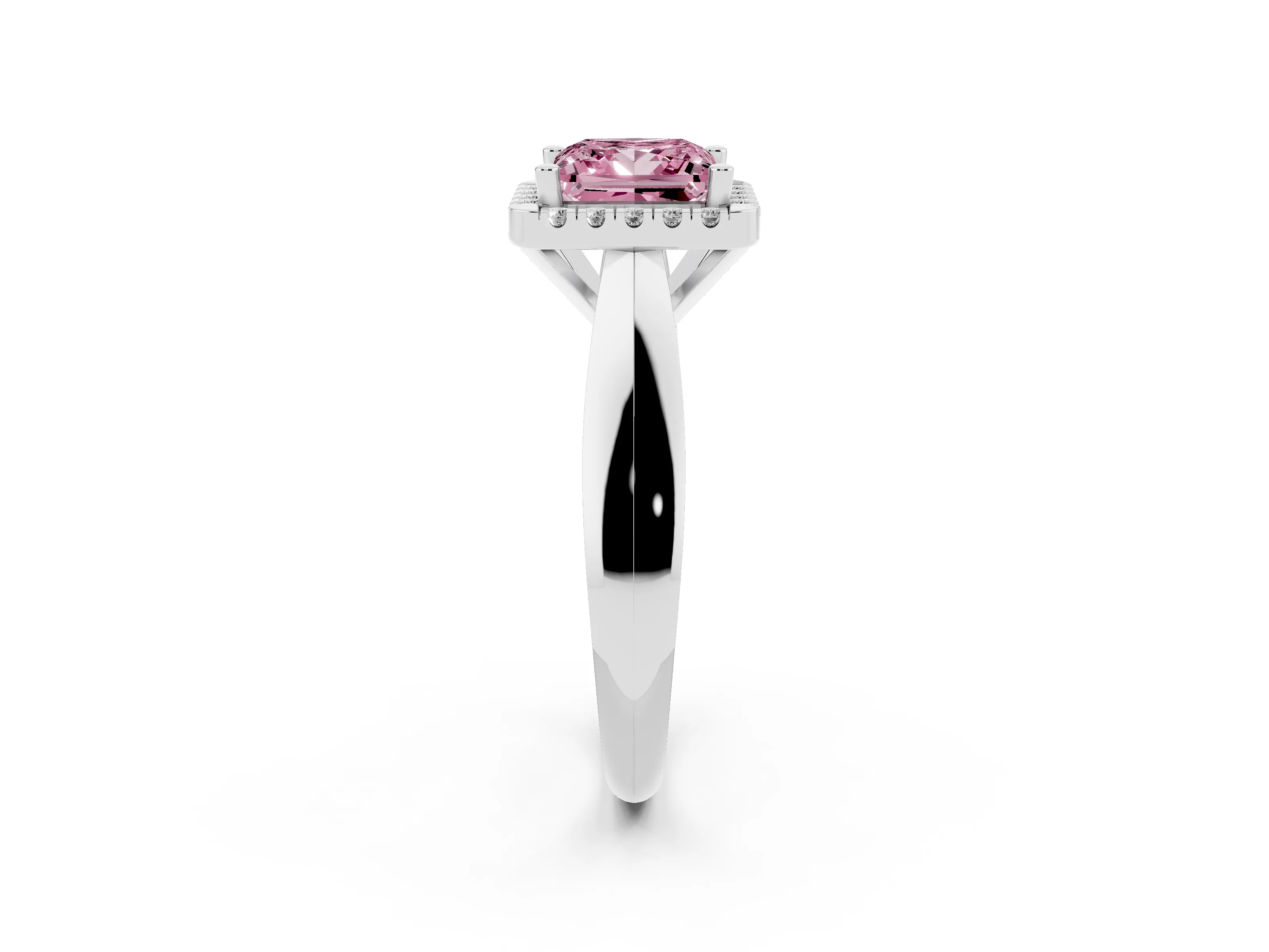 Fancy Pink Princess Cut Diamond Halo Solitaire Engagement Ring Set in White gold with Square Band and Prong Setting