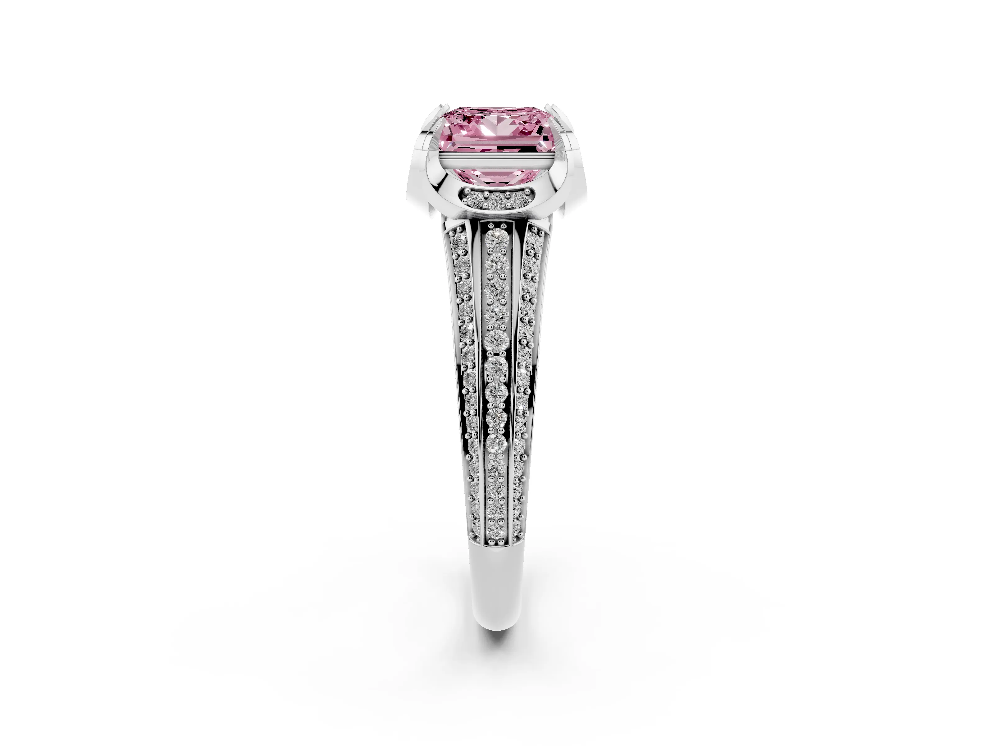 Fancy Pink Princess Cut Diamond Pavé Split Shank Solitaire Ring Set in Silver with Prong Setting