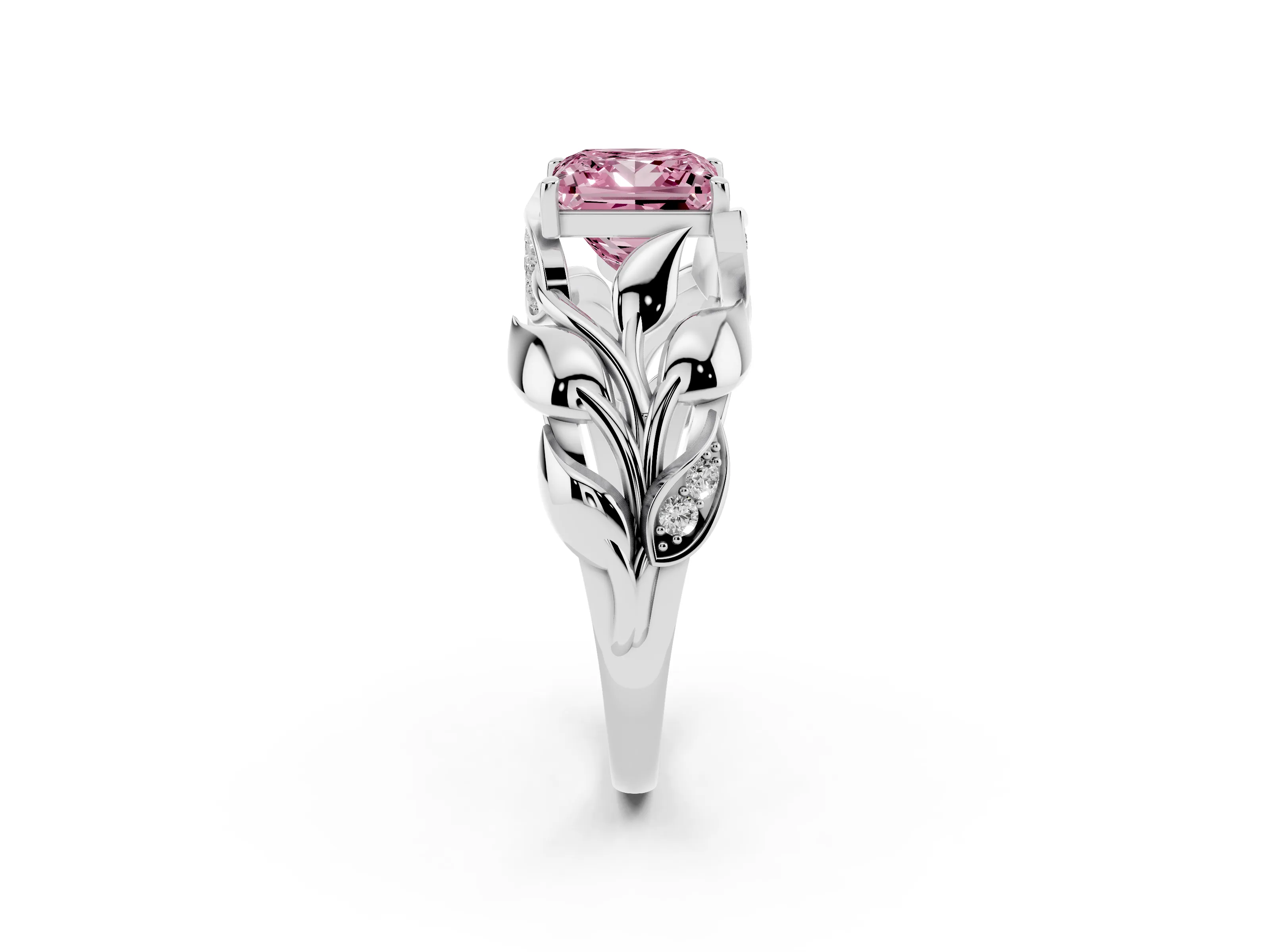 Fancy Pink Princess Cut Diamond Leaf-Inspired Engagement Ring Set in White gold with Round Accents