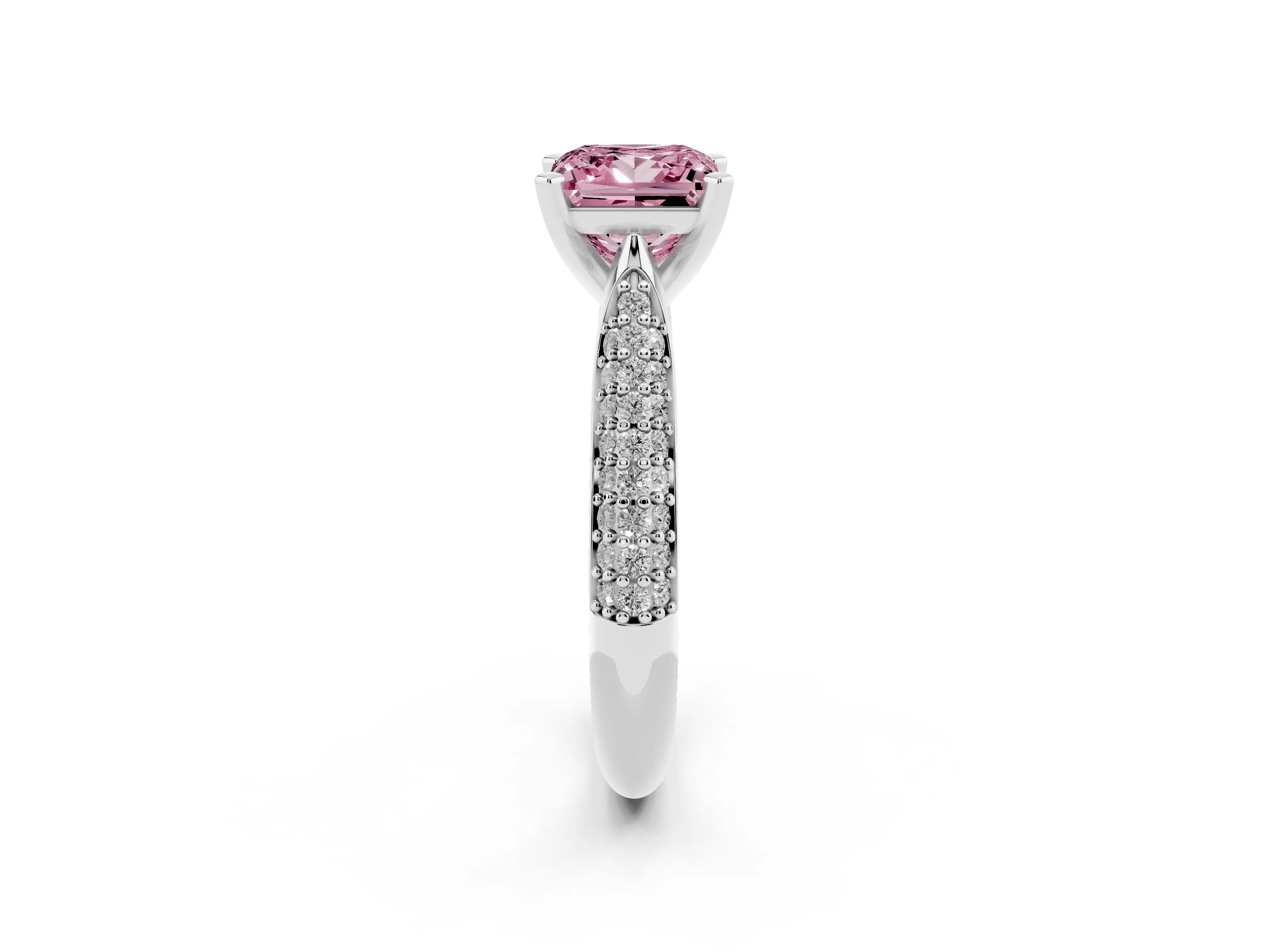 Fancy Pink Princess Cut Diamond Solitaire Engagement Ring Set in Platinum with Multi-Row Round Pavé Band and Prong Setting