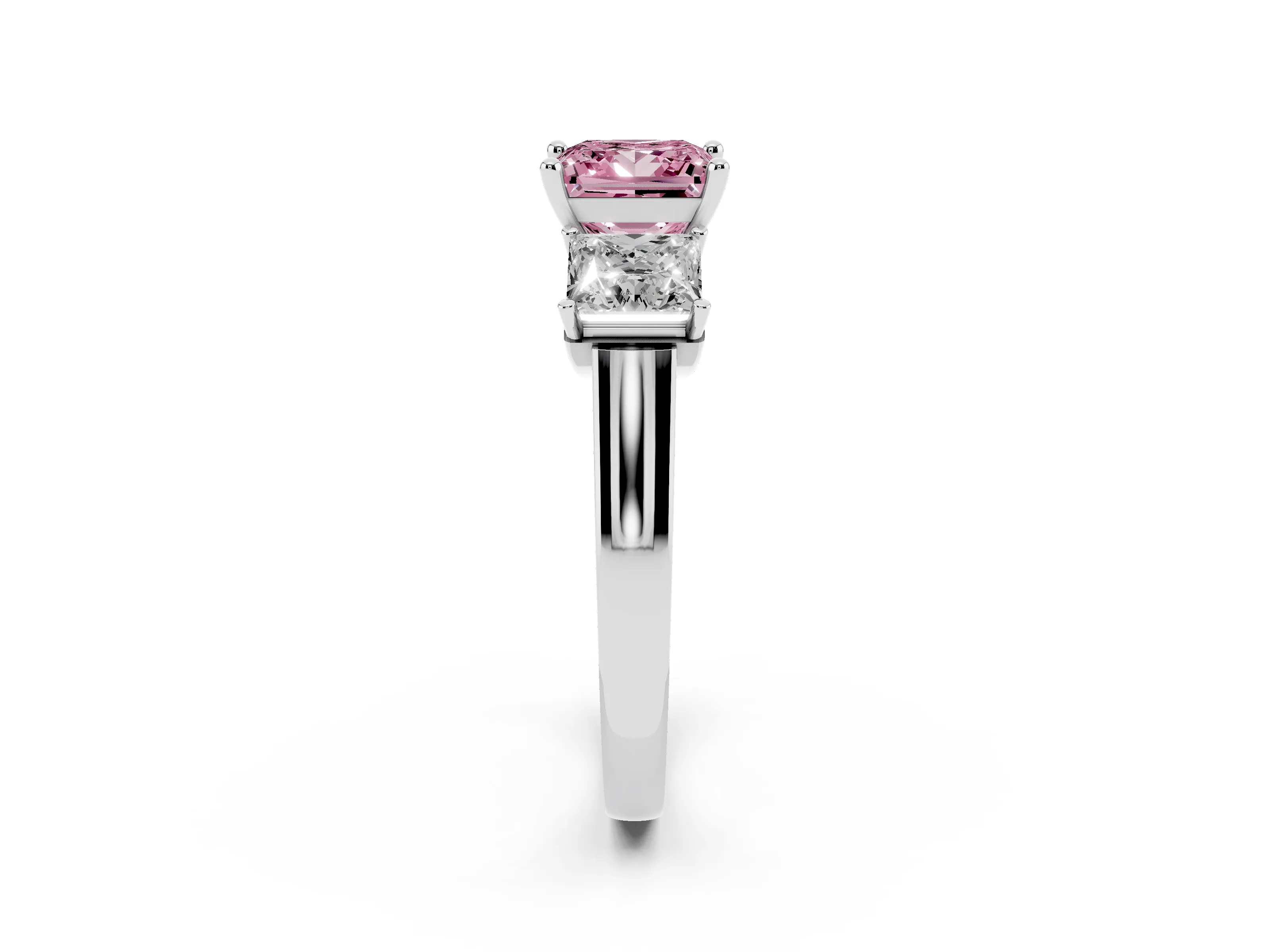 Fancy Pink Princess Cut Diamond Three-Stone Trellis Ring Set in Platinum with Comfort Fit Band