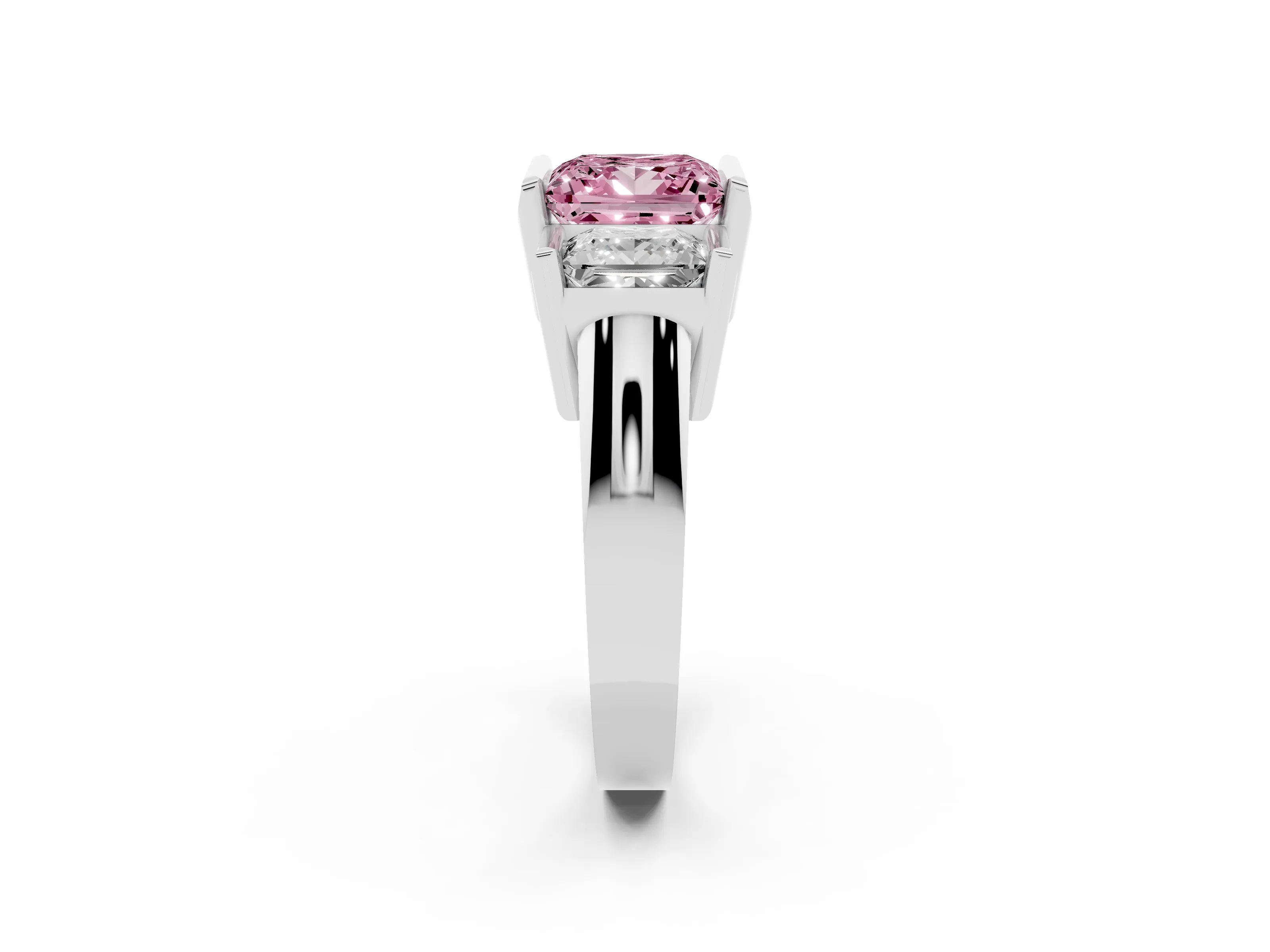 Fancy Pink Princess Cut Diamond Three-Stone Channel Set Ring Set in Platinum with Smooth Polished Band