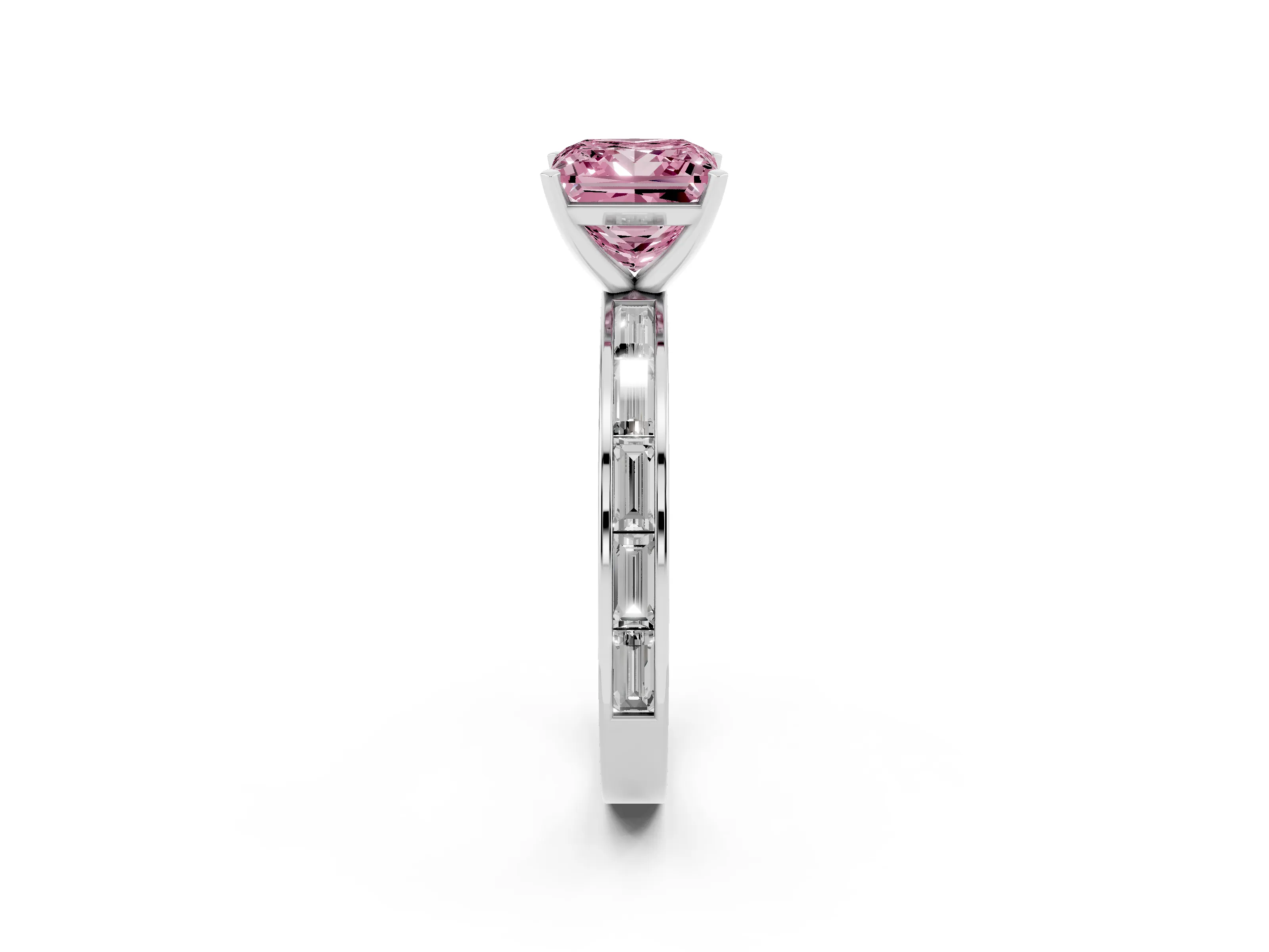 Fancy Pink Princess Cut Diamond Solitaire Ring Set in Platinum with Channel-Set Baguette Band and Prong Setting