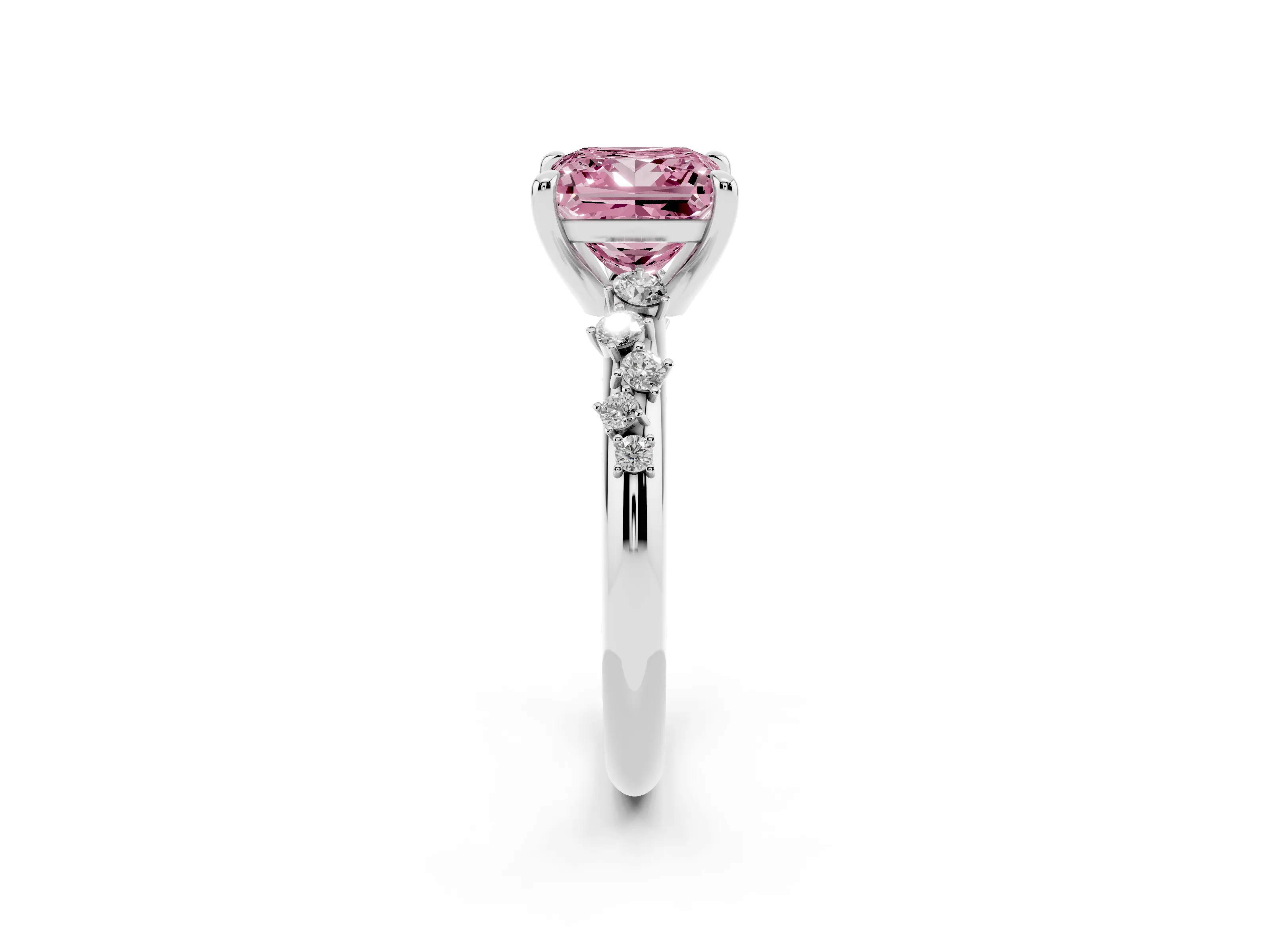 Fancy Pink Princess Cut Diamond Solitaire Vine Band Ring Set in Platinum with Round Accents and Prong Setting