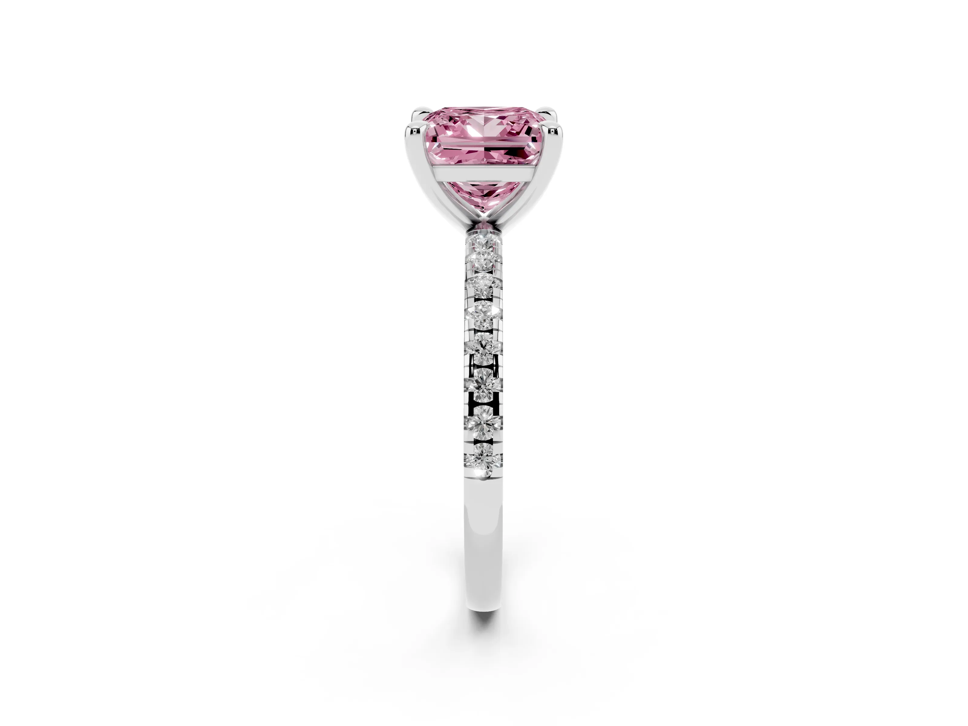 Fancy Pink Princess Cut Diamond Brilliant Solitaire Ring Set in Silver with Pavé Band and Prong Setting