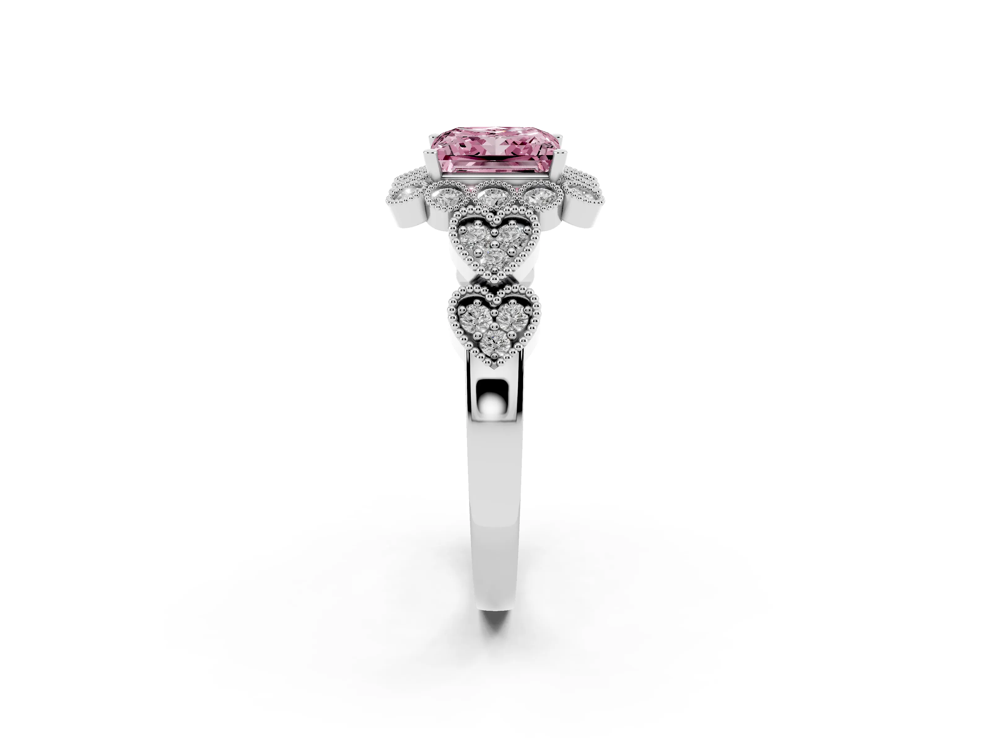 Fancy Pink Princess Cut Diamond Solitaire Ring Set in Silver with Milgrain Pavé Heart Band