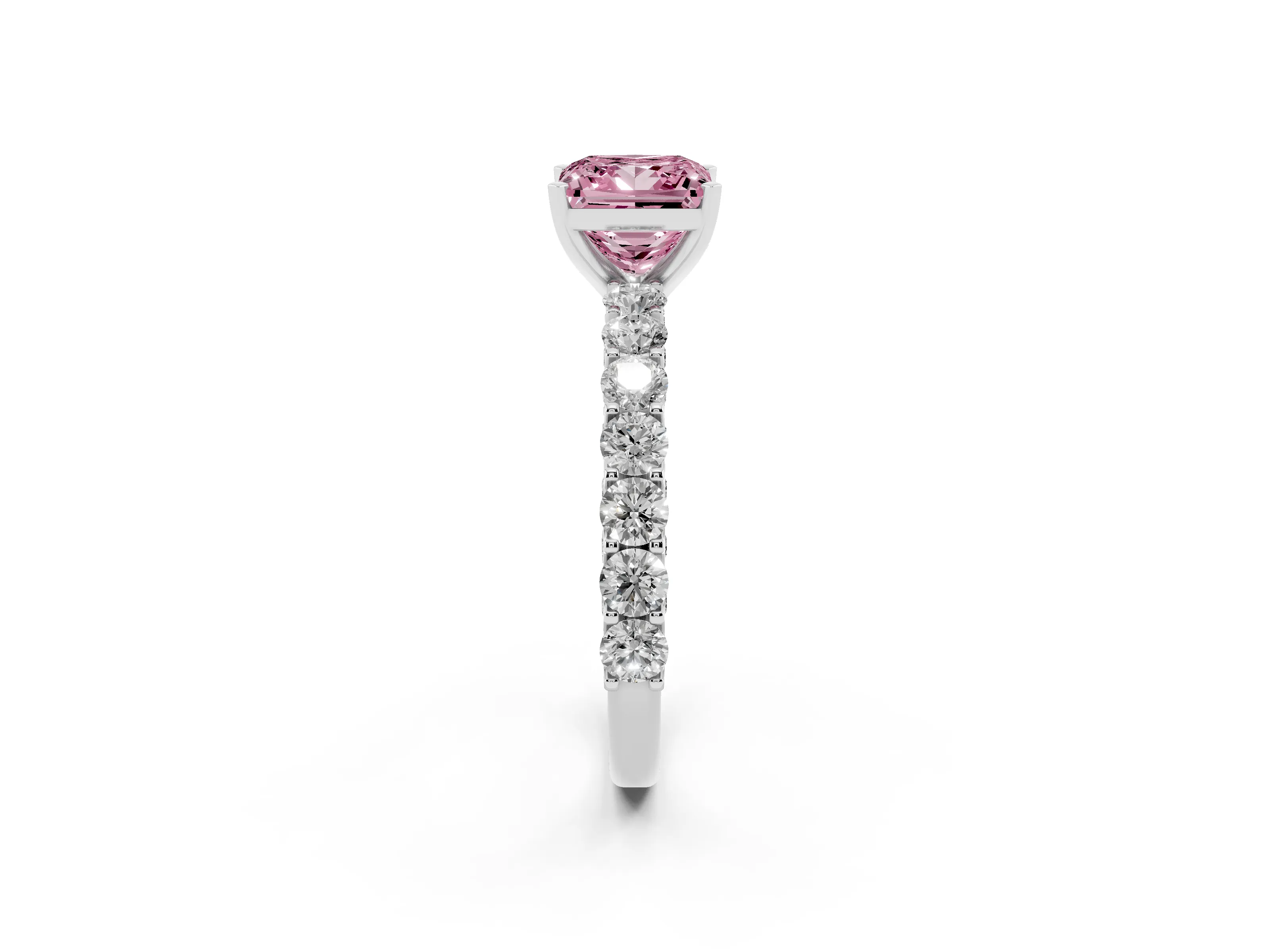 Fancy Pink Princess Cut Diamond Solitaire Ring Set in Platinum with Shared Prong Pavé Band