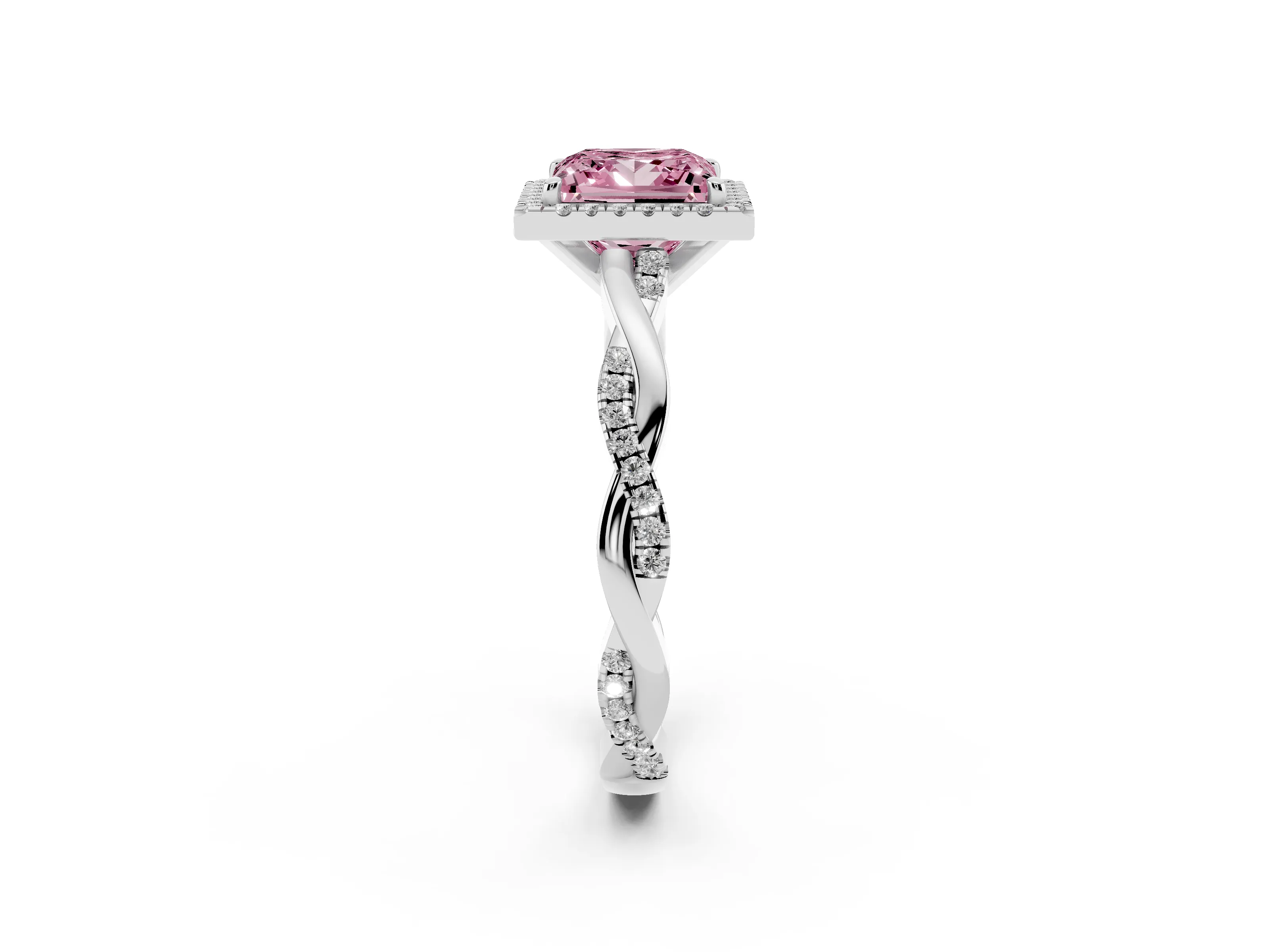 Fancy Pink Princess Cut Diamond Halo Twisted Band Ring Set in White gold with Prong Setting