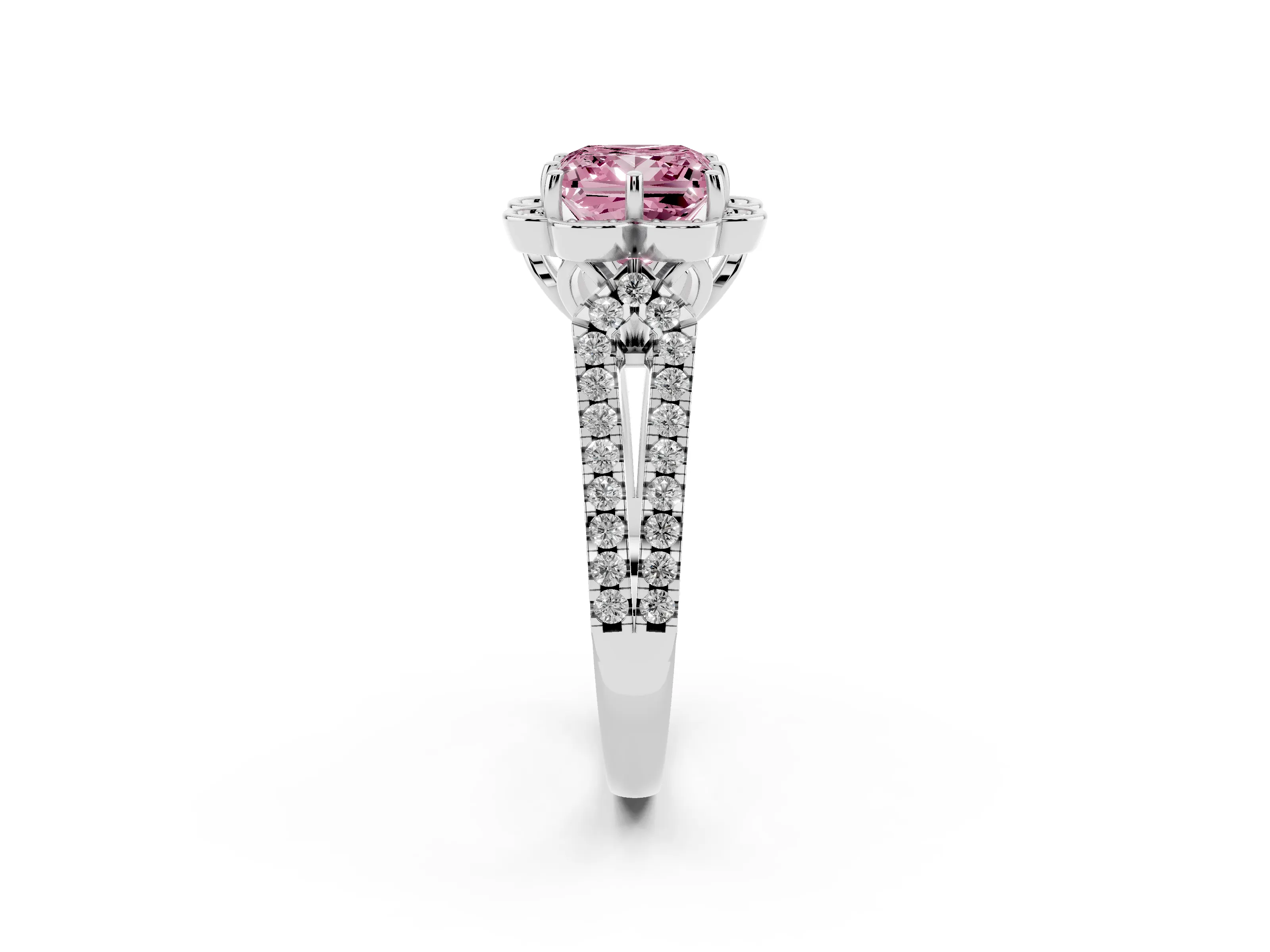 Fancy Pink Princess Cut Diamond Floral Halo Split Shank Engagement Ring Set in White gold with Pavé Shank