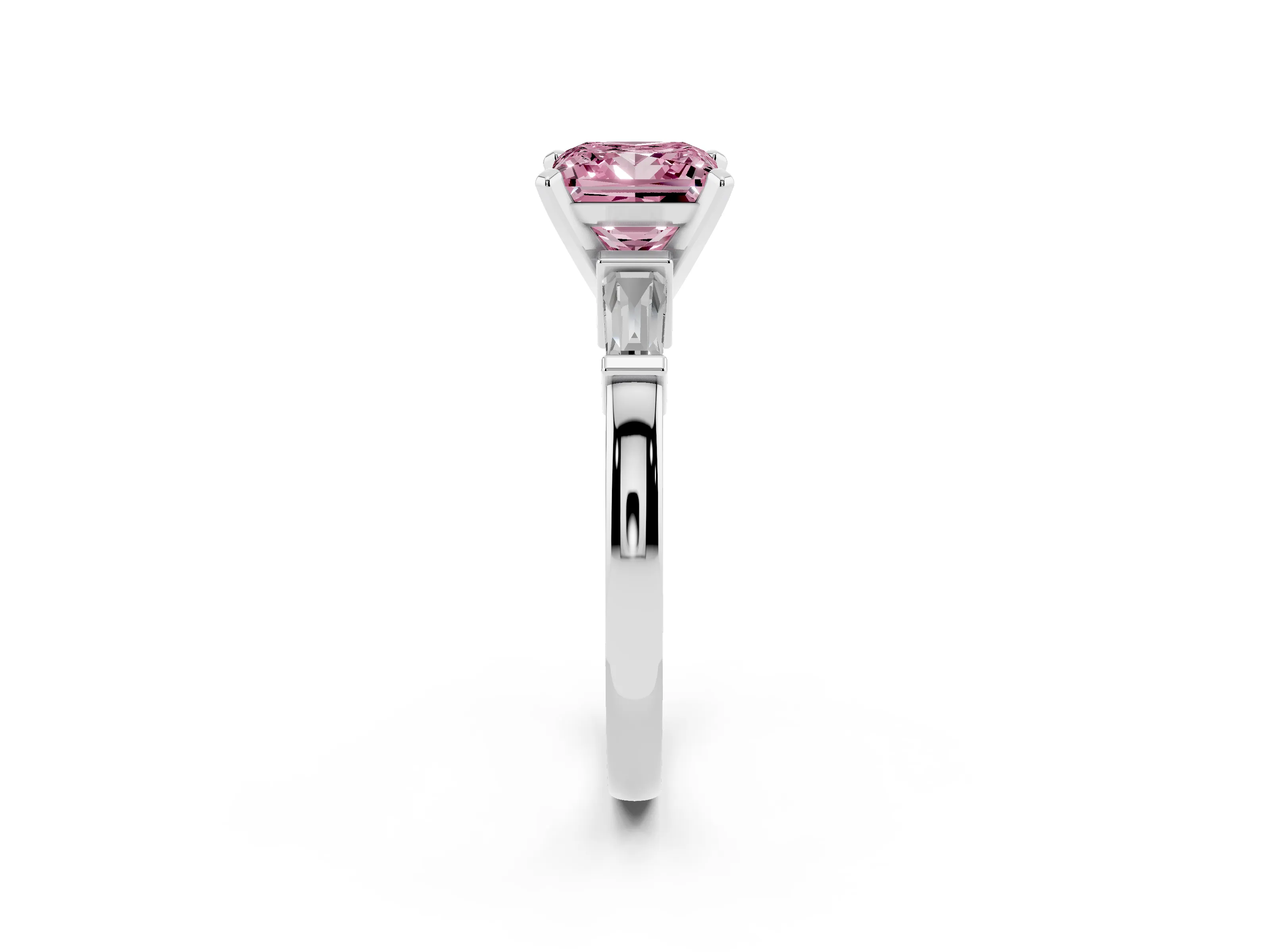 Fancy Pink Princess Cut Diamond Solitaire Ring Set in White gold with Tapered Baguette Accents and Prong Setting