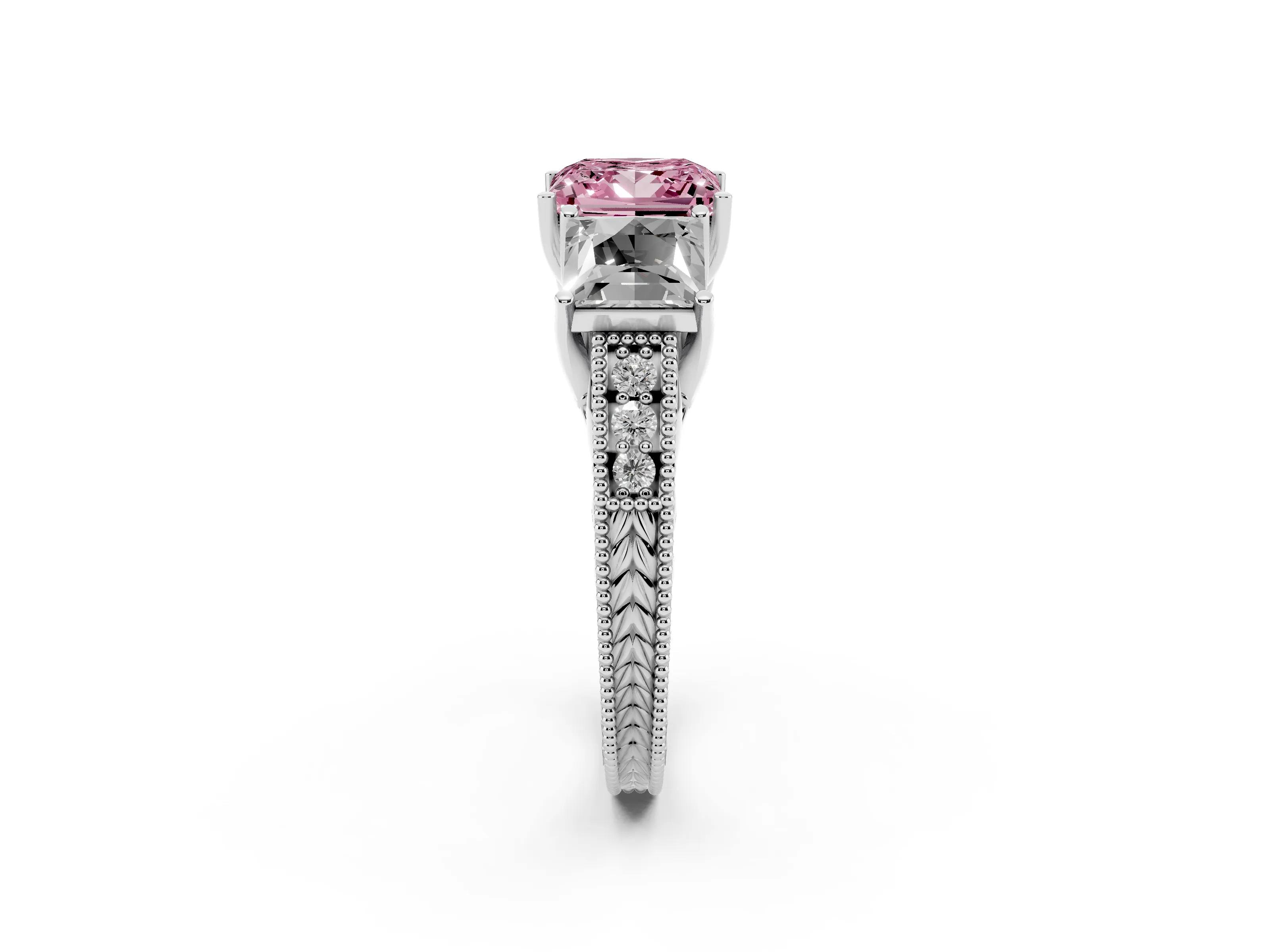 Fancy Pink Princess Cut Diamond Three-Stone Engagement Ring Set in Silver with Milgrain Pavé Band