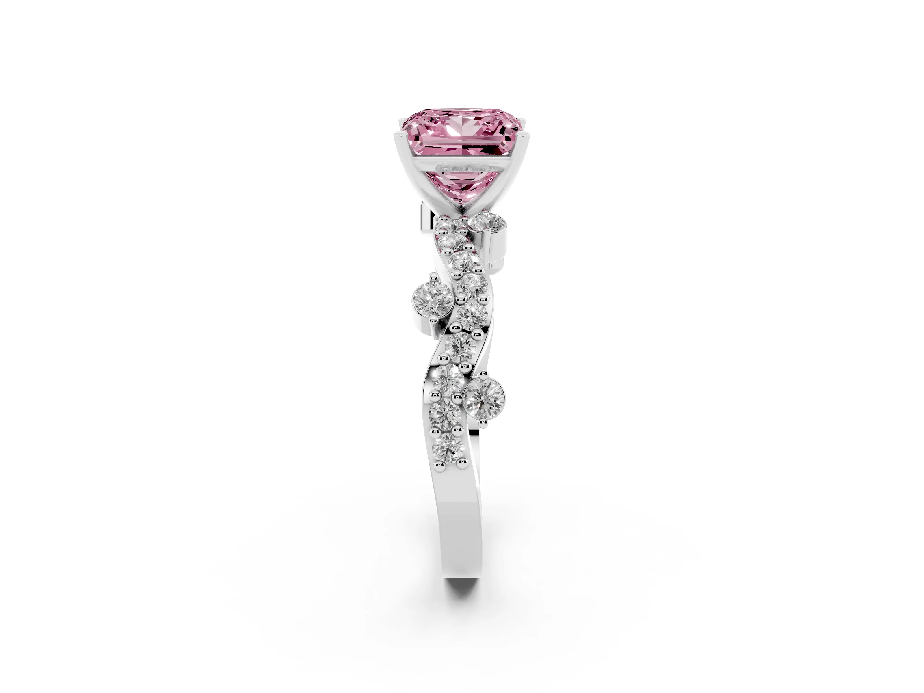 Fancy Pink Princess Cut Diamond Solitaire Twisted Band Set in White gold with Pavé Setting