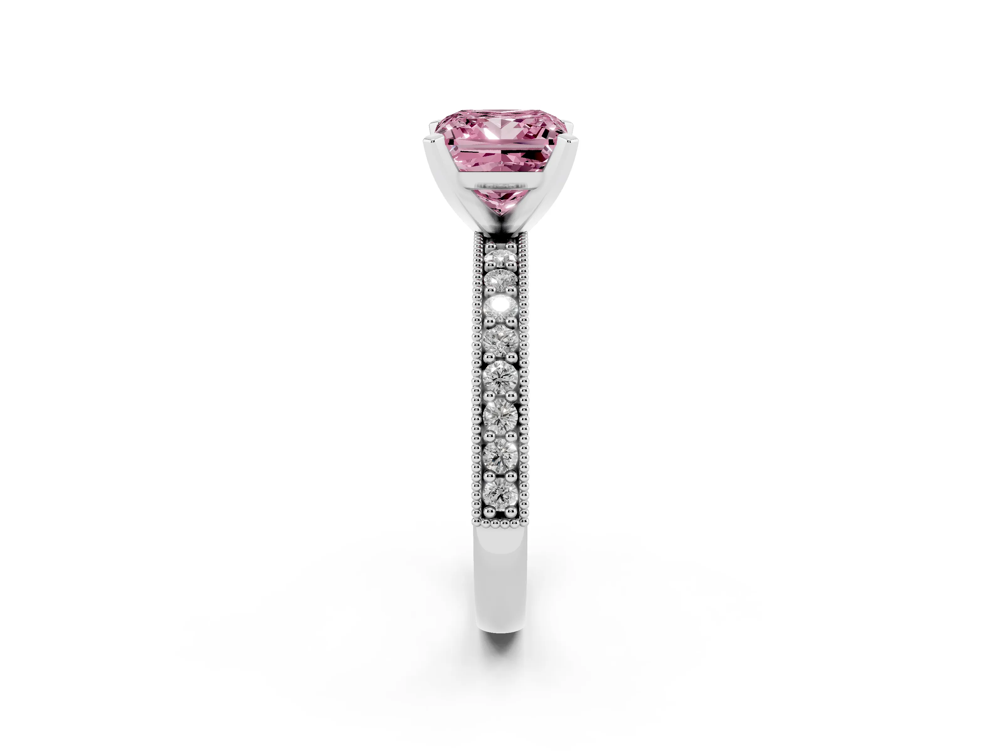 Fancy Pink Princess Cut Diamond Milgrain Pavé Engagement Ring Set in Silver with Prong Setting