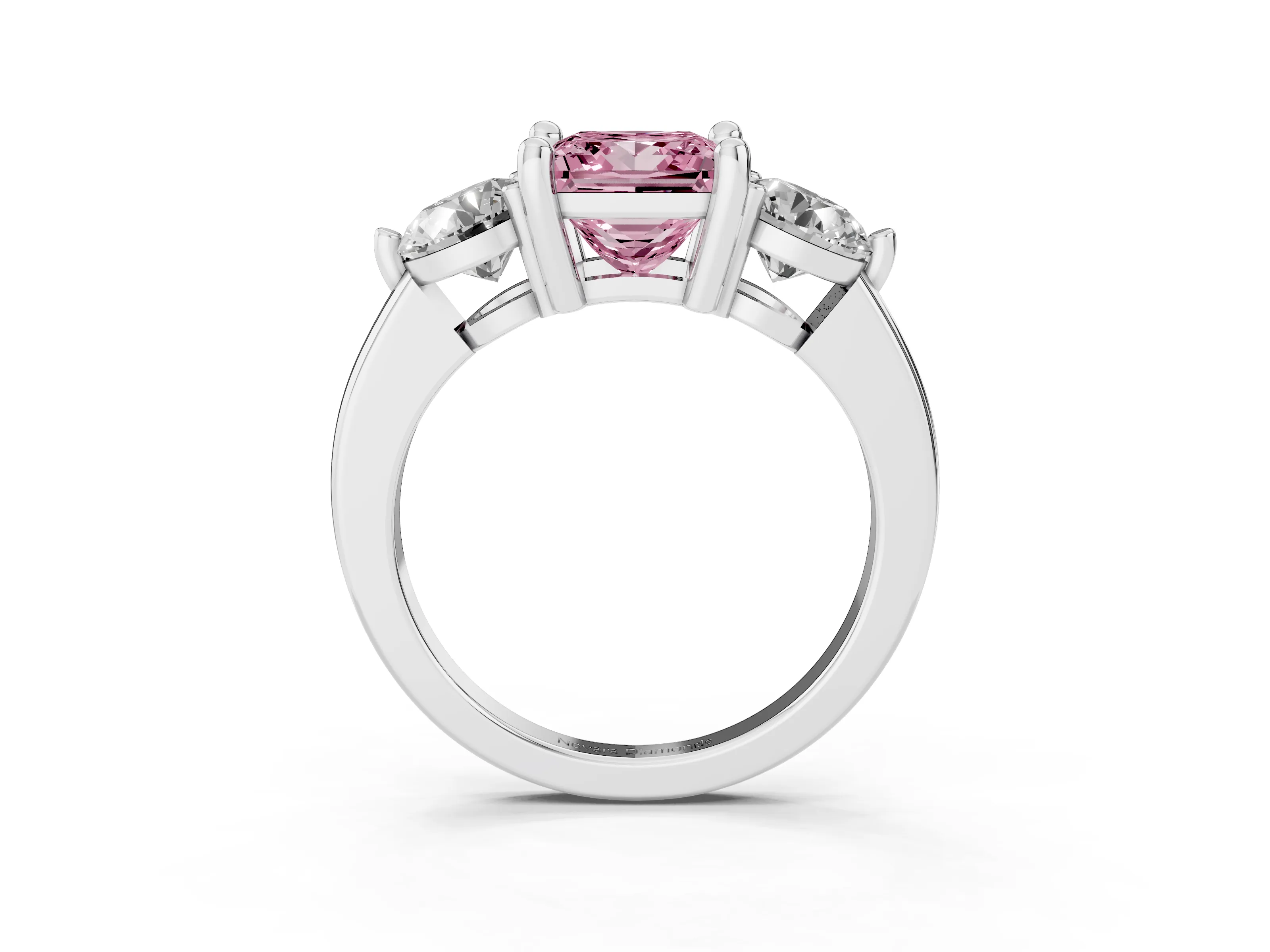 Fancy Pink Princess Cut Diamond Three-Stone Ring Set in White gold with Prong Setting and Classic Band