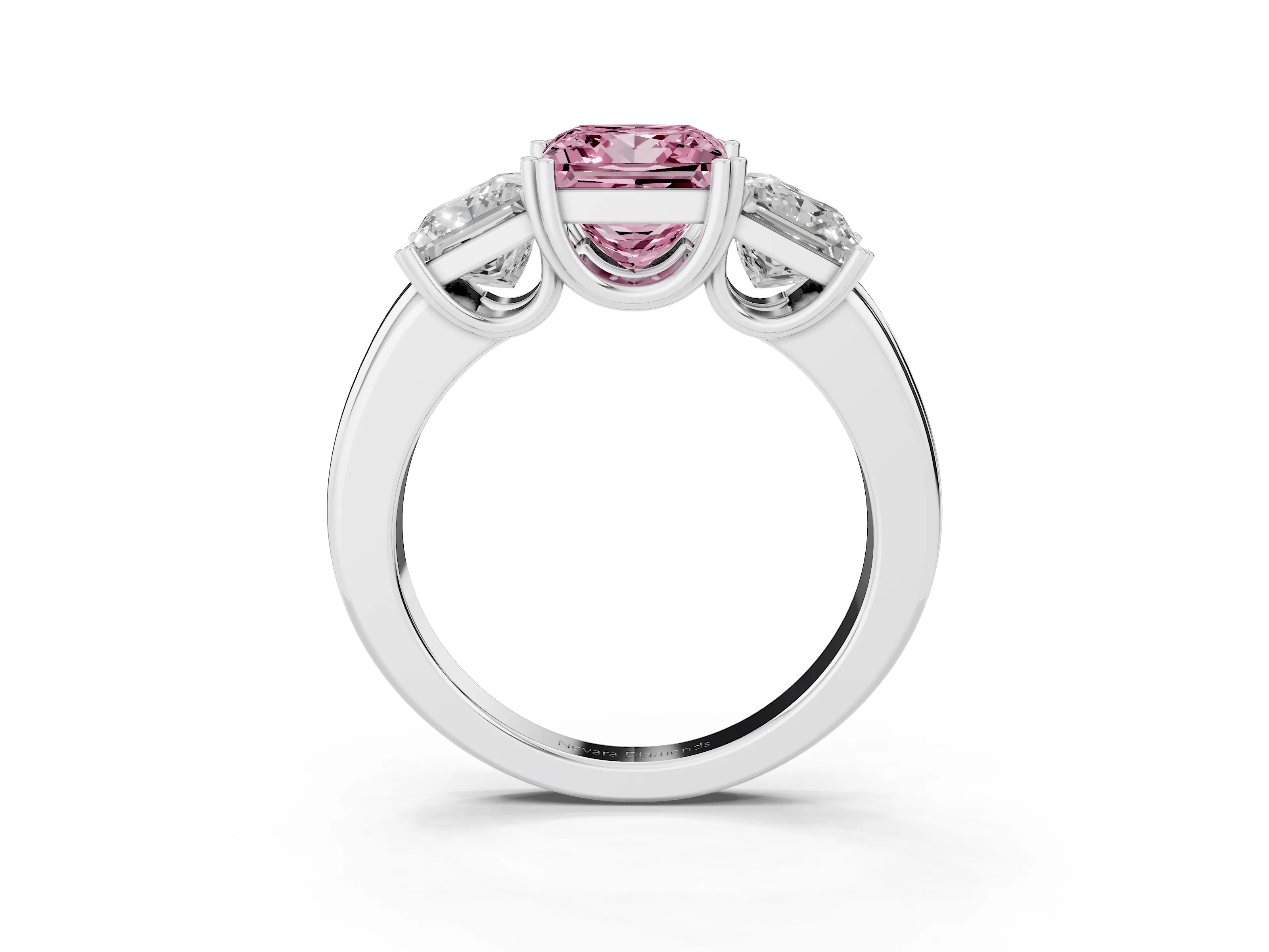 Fancy Pink Princess Cut Diamond Three-Stone Ring Set in Platinum with Polished Channel-Set Band