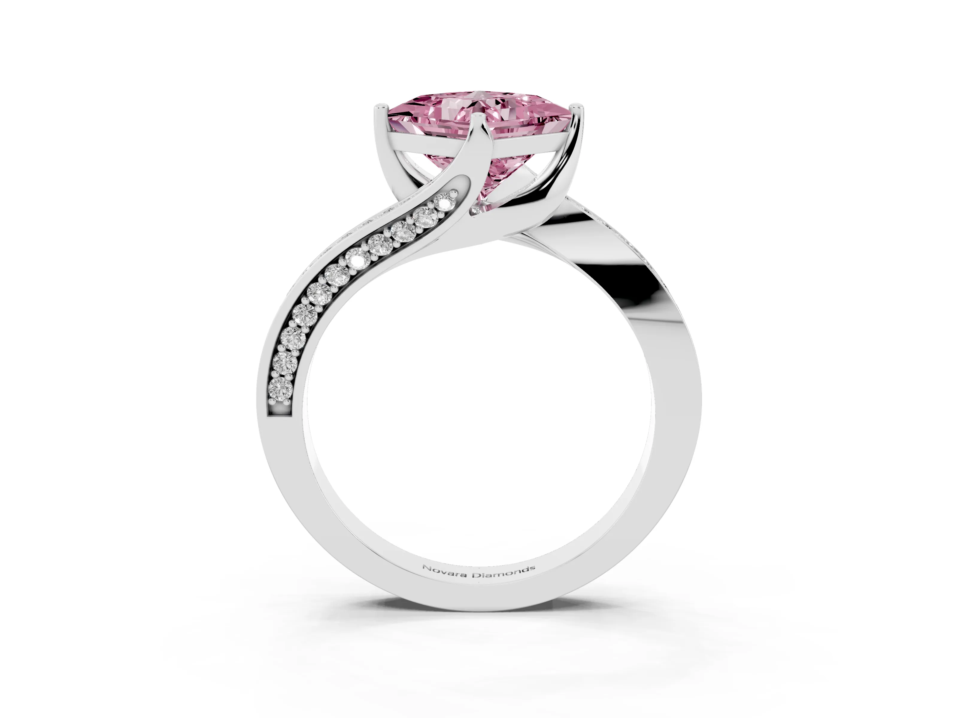 Fancy Pink Princess Cut Diamond Solitaire Ring Set in Silver with Intertwined Pavé Twist Band