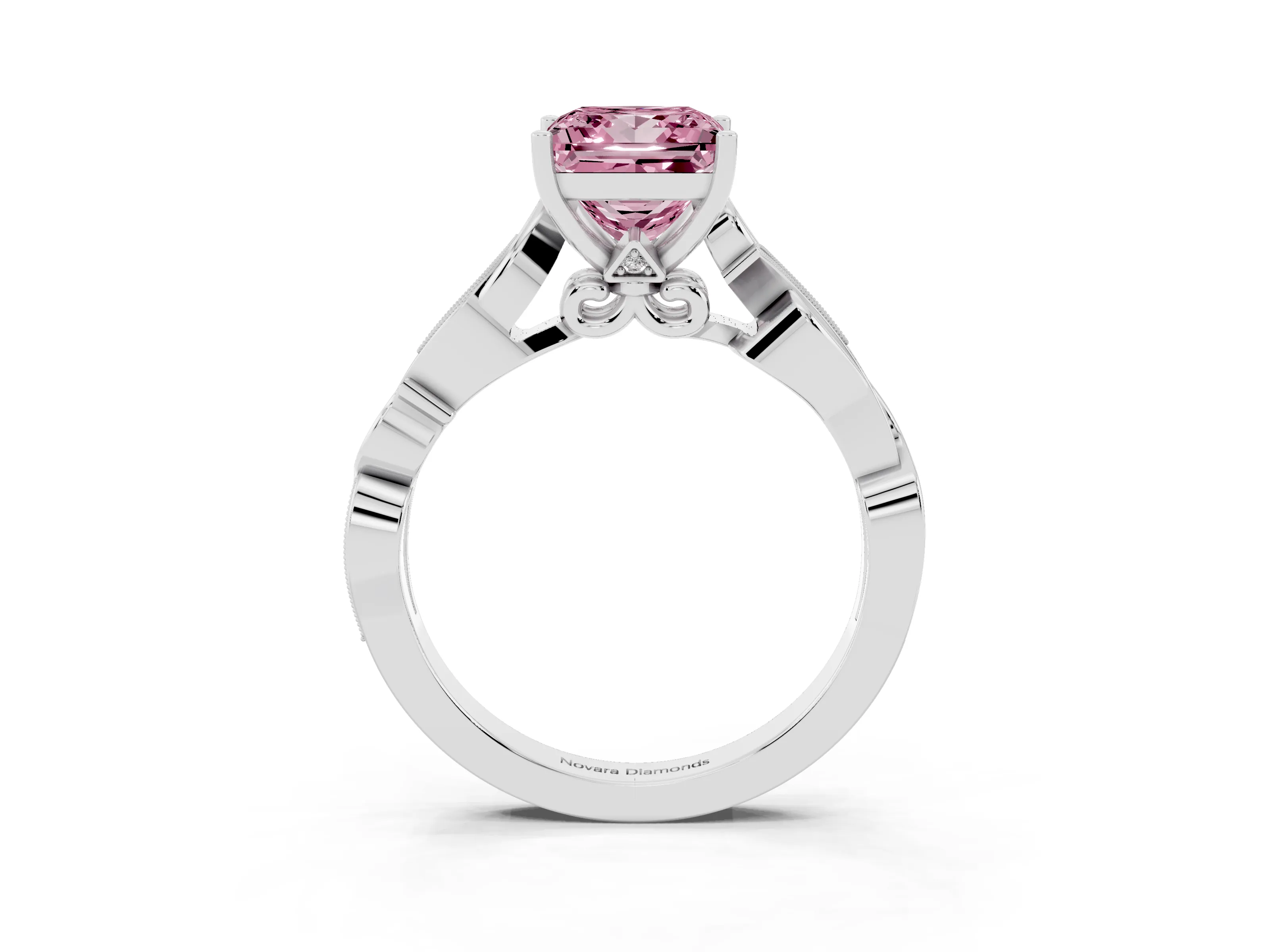 Fancy Pink Princess Cut Diamond Vine Band Solitaire Ring Set in White gold with Milgrain Prong Setting