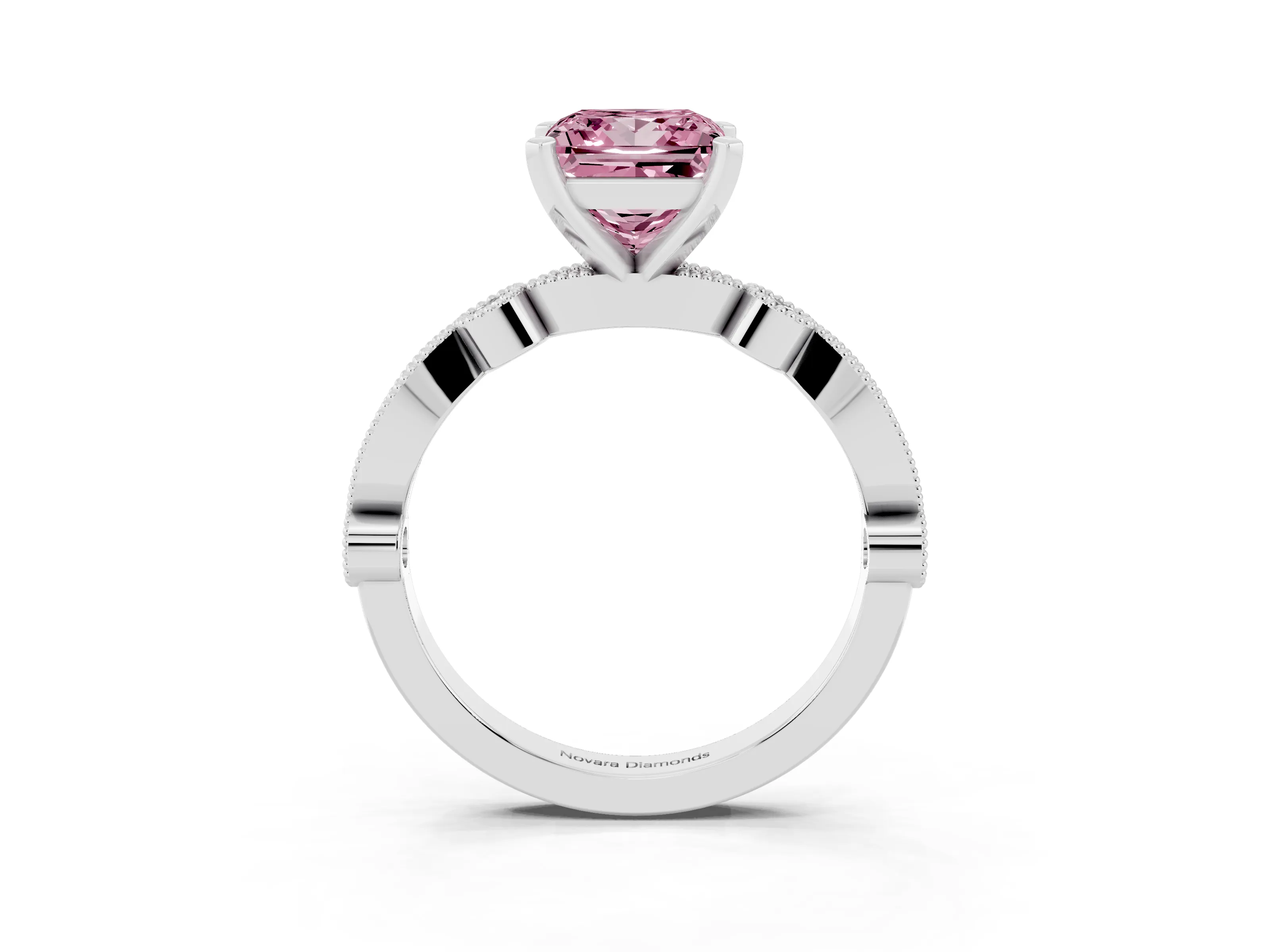 Fancy Pink Princess Cut Diamond Solitaire Engagement Ring Set in Silver with Milgrain Bezel Accent Band