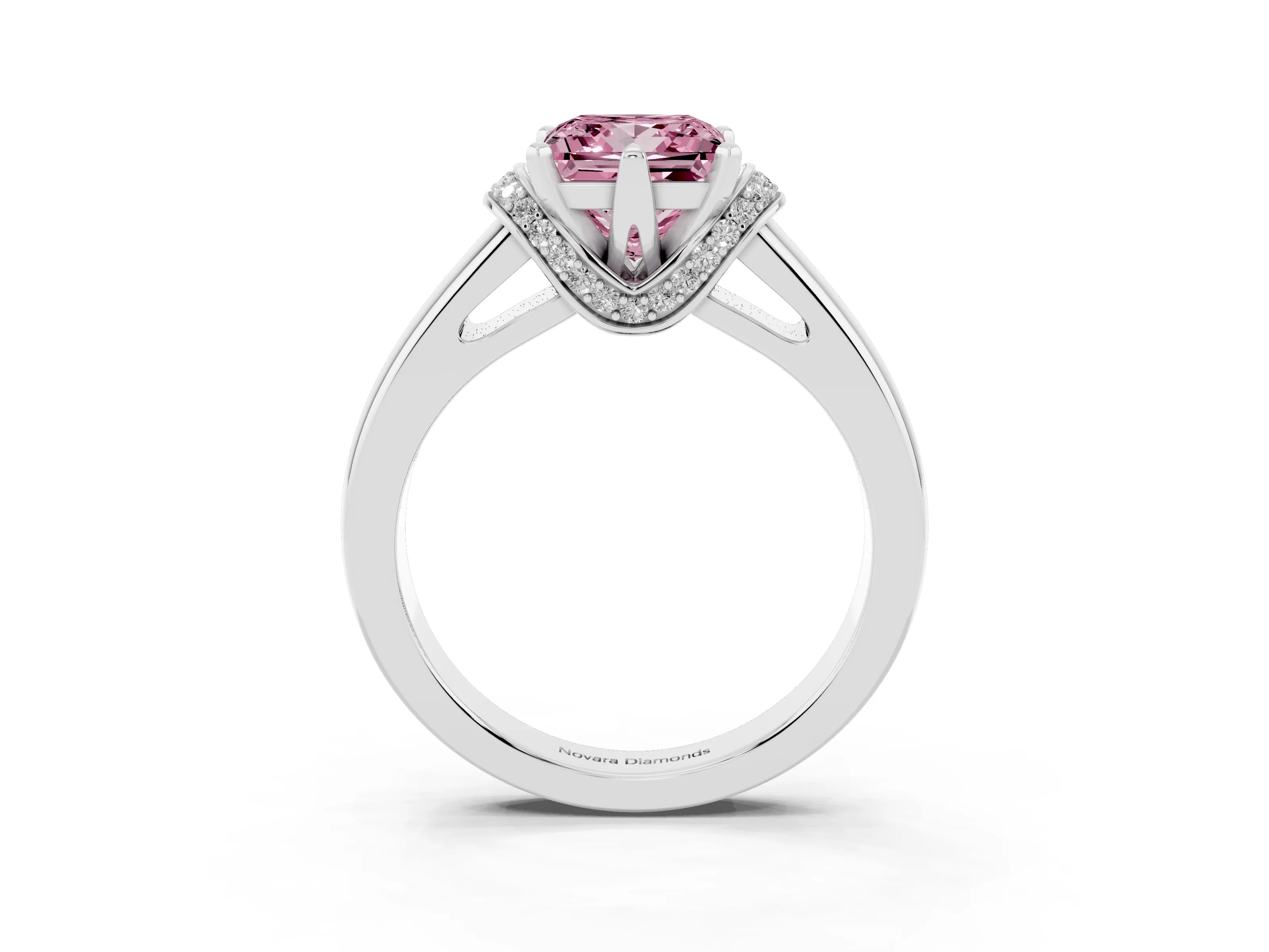 Fancy Pink Princess Cut Diamond Pavé Band Solitaire Ring Set in Platinum with Prong Setting