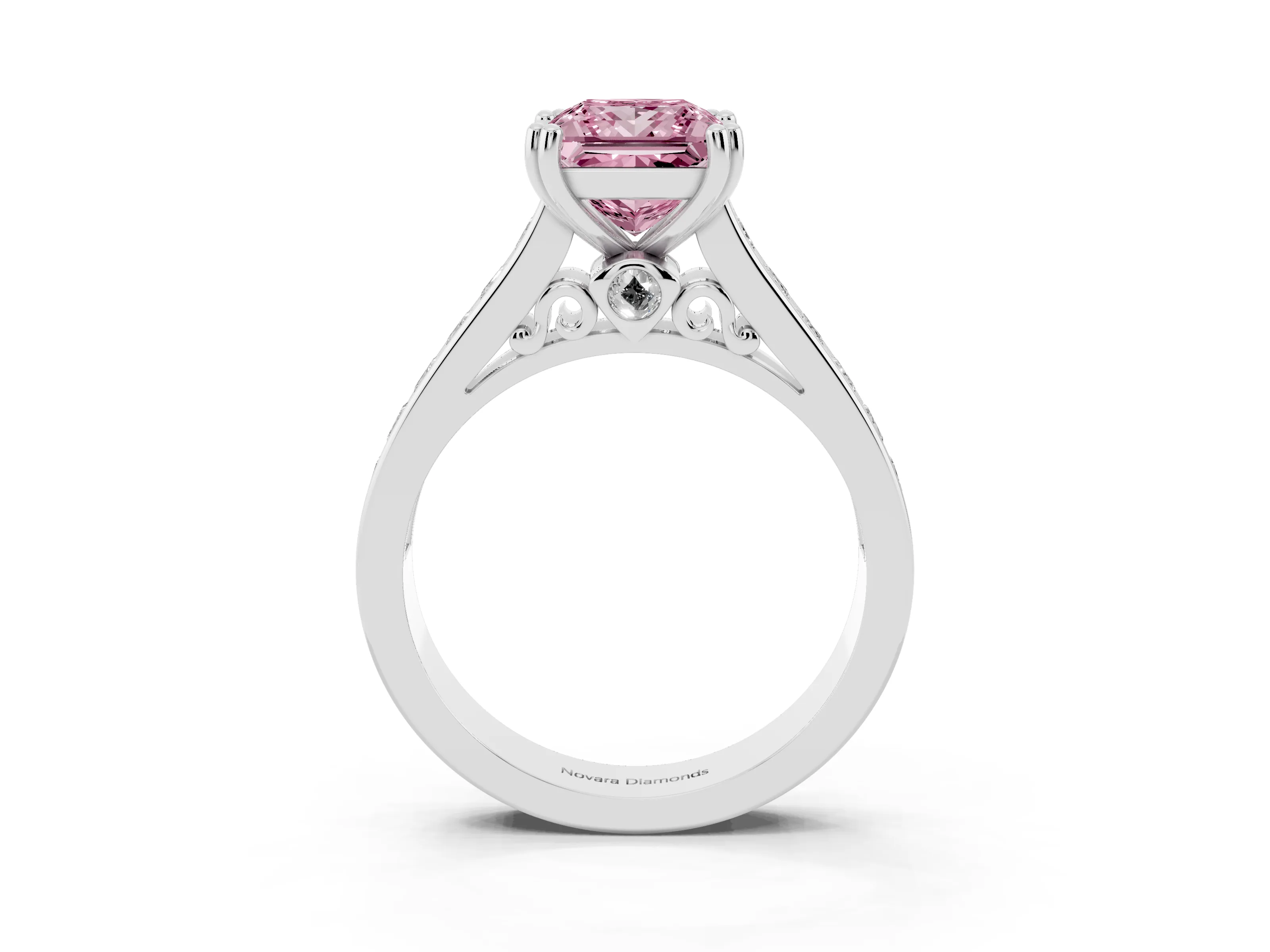 Fancy Pink Princess Cut Diamond Channel Set Solitaire Engagement Ring Set in Silver with Prong Setting