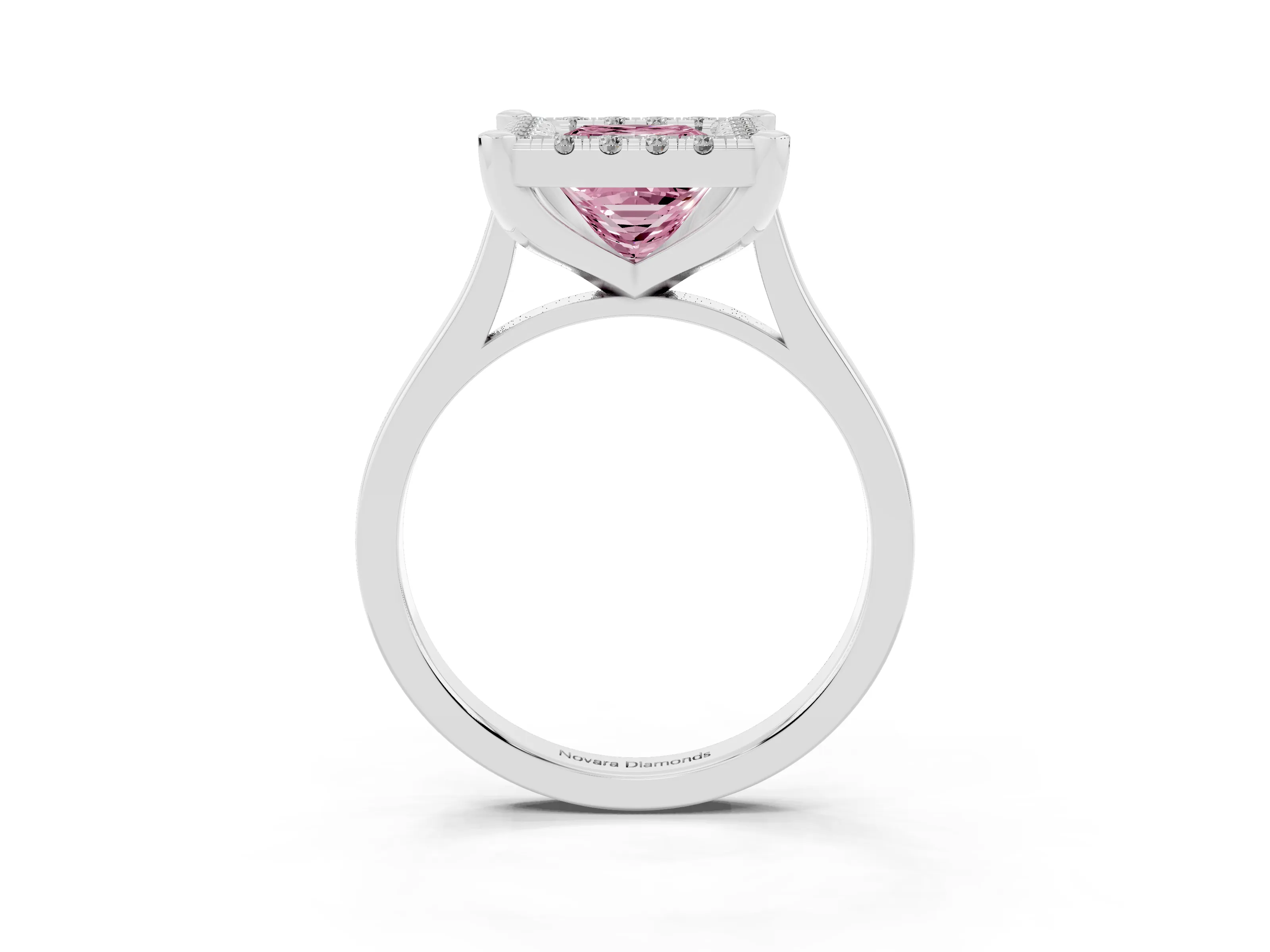 Fancy Pink Princess Cut Diamond Cluster Halo Solitaire Ring Set in Platinum with Prong Setting
